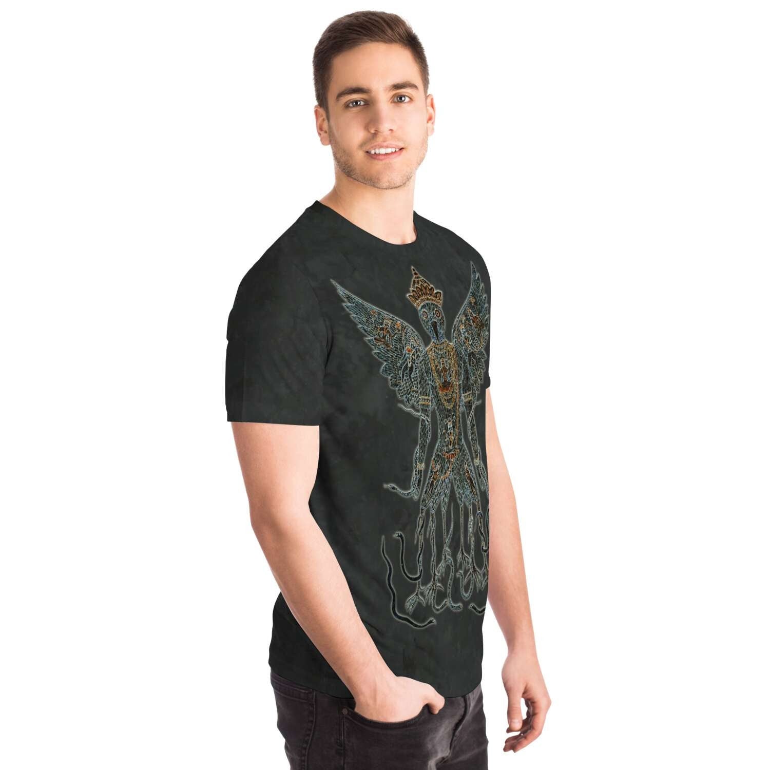 AOP T-Shirt Embroidery-Style Garuda and Nagas Sacred Dharma Protector Buddhist, Vishnu Hindu Graphic Art Tee T-Shirt