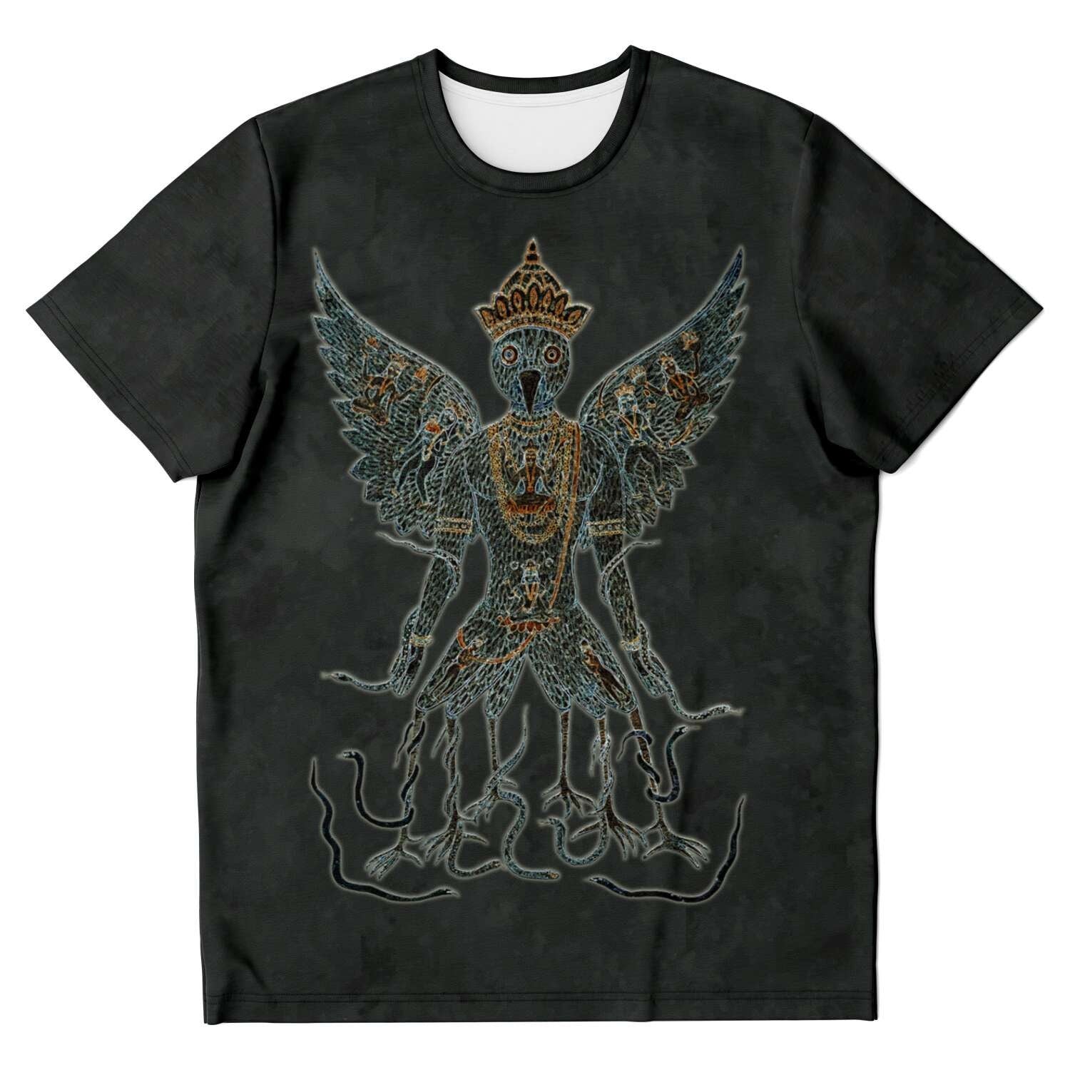 AOP T-Shirt Embroidery-Style Garuda and Nagas Sacred Dharma Protector Buddhist, Vishnu Hindu Graphic Art Tee T-Shirt