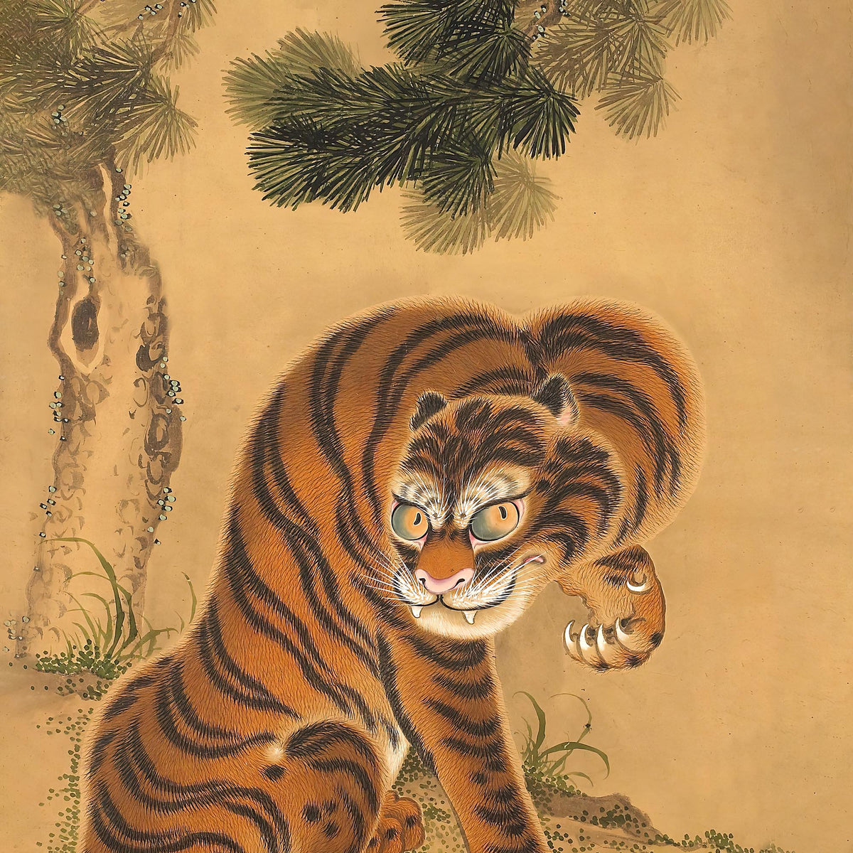 Exquisite Tiger Cleaning its Paw: Japanese Sumi-e Art, Asian Animal Nature Wildlife Jungle Antique Vintage Framed Print