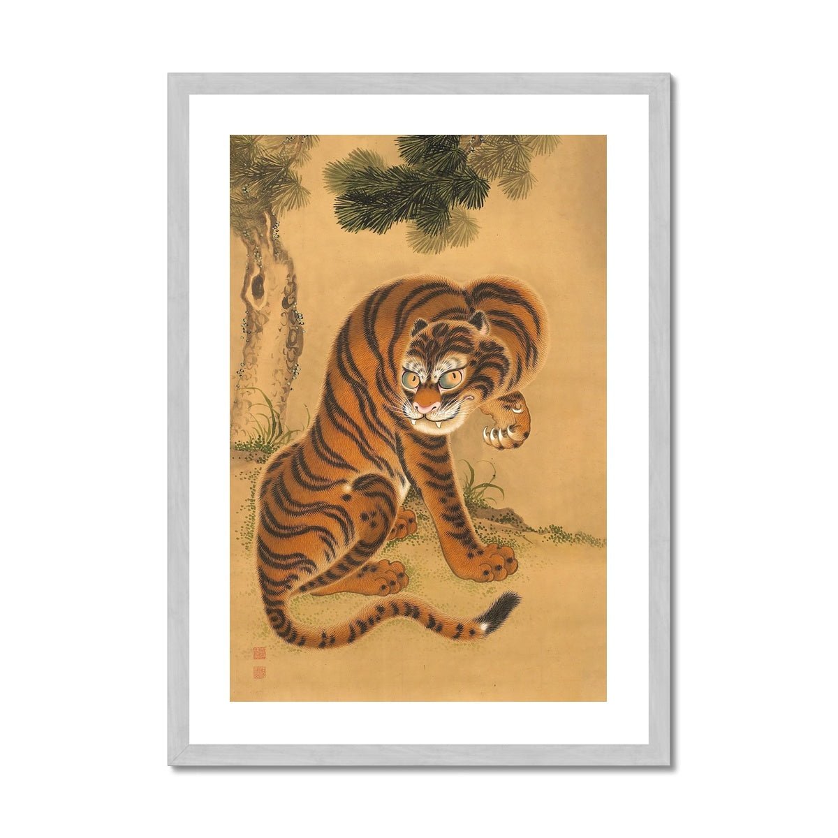Exquisite Tiger Cleaning its Paw: Japanese Sumi-e Art, Asian Animal Nature Wildlife Jungle Antique Vintage Framed Print