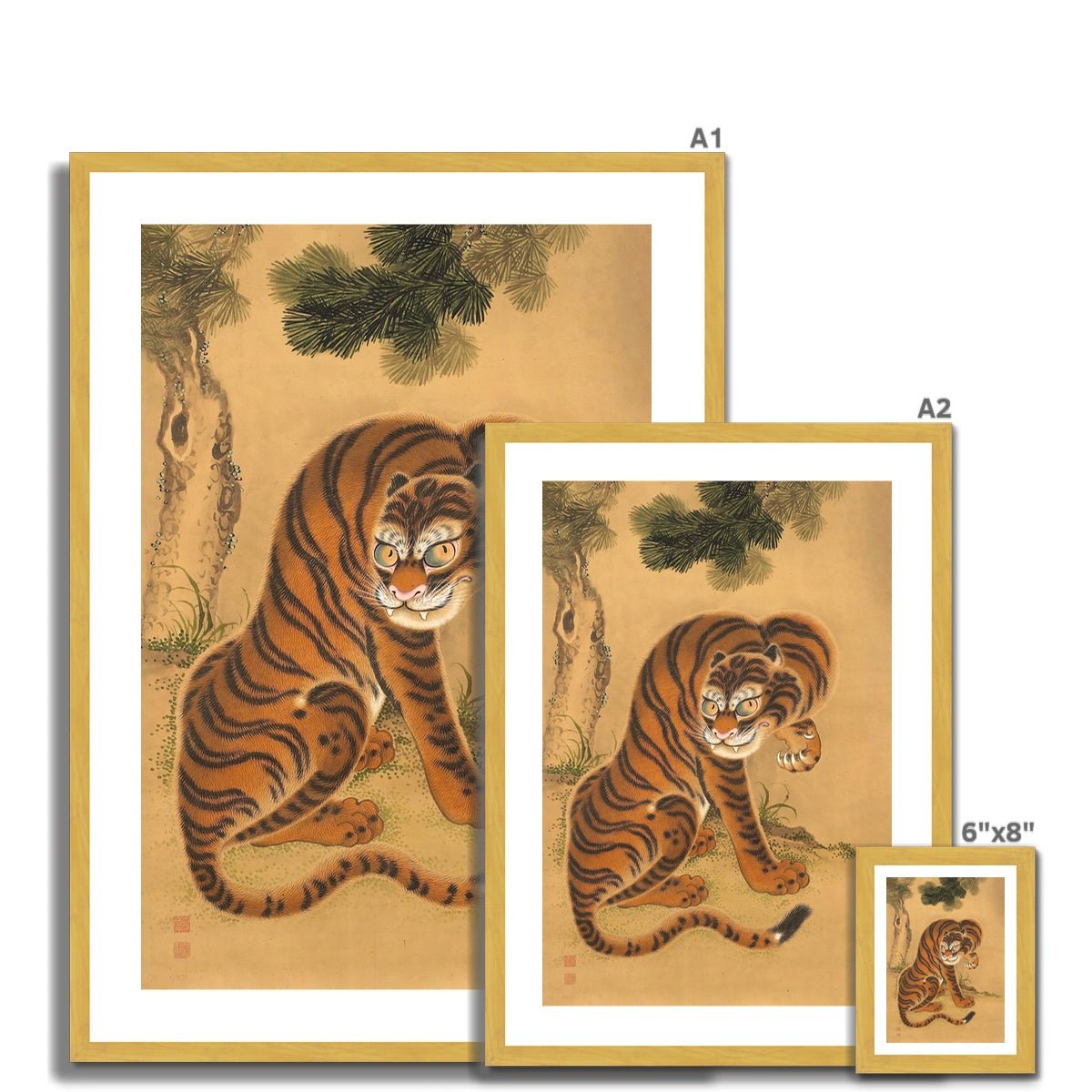 Exquisite Tiger Cleaning its Paw: Japanese Sumi-e Art, Asian Animal Nature Wildlife Jungle Antique Vintage Framed Print