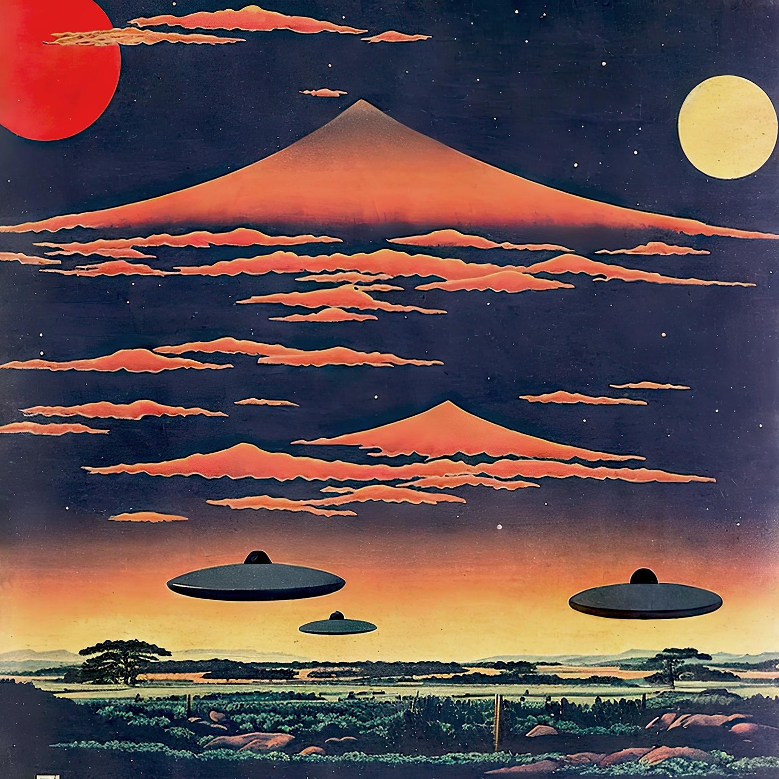 Extraterrestrial Japanese Art | UFO Space ET Aliens, 宇宙人 Japanese Surrealism, Original Vintage Fantasy Framed Art Print