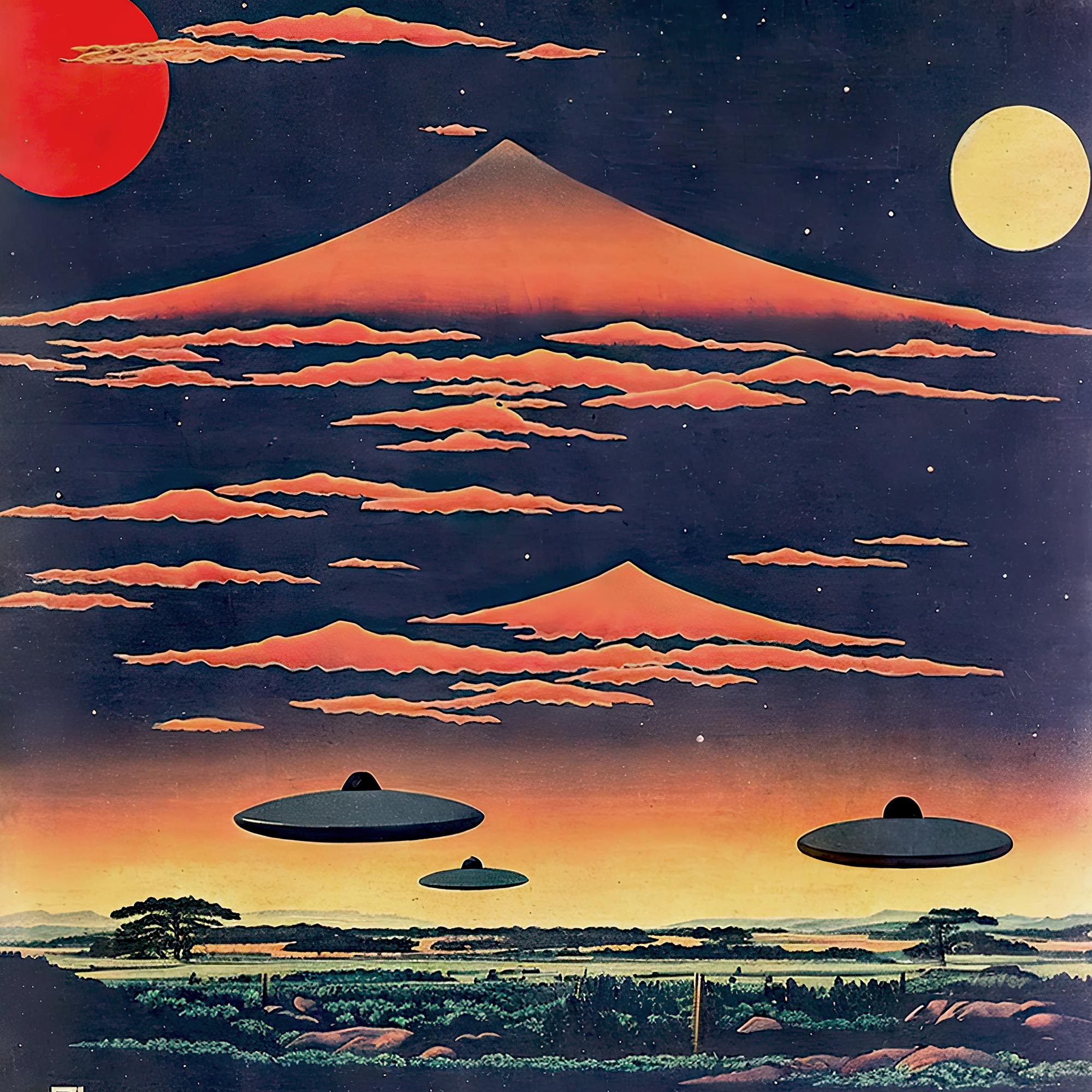 Fine art Extraterrestrial Japanese Art | UFO Space ET Aliens, 宇宙人 Japanese Surrealism, Original Vintage Fantasy Framed Art Print