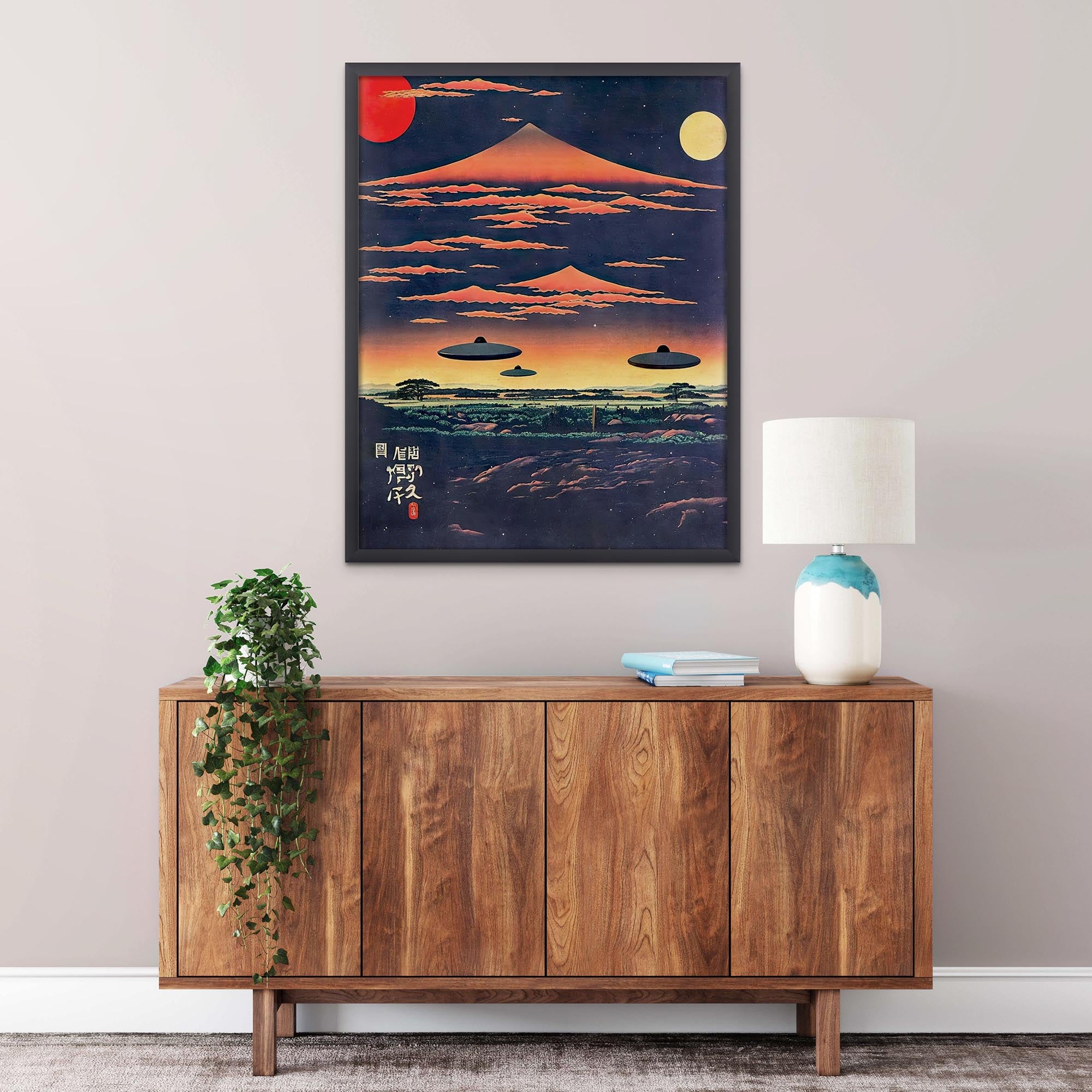 Fine art Extraterrestrial Japanese Art | UFO Space ET Aliens, 宇宙人 Japanese Surrealism, Original Vintage Fantasy Framed Art Print