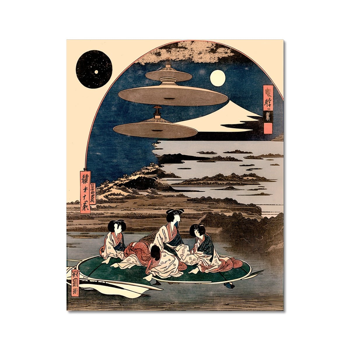 Fine art 6"x8" Extraterrestrials in Japanese Ukiyo-e Art | The Uchuu-jin, UFO Space Aliens Japanese Surrealism, Original Vintage Fantasy Fine Art Print