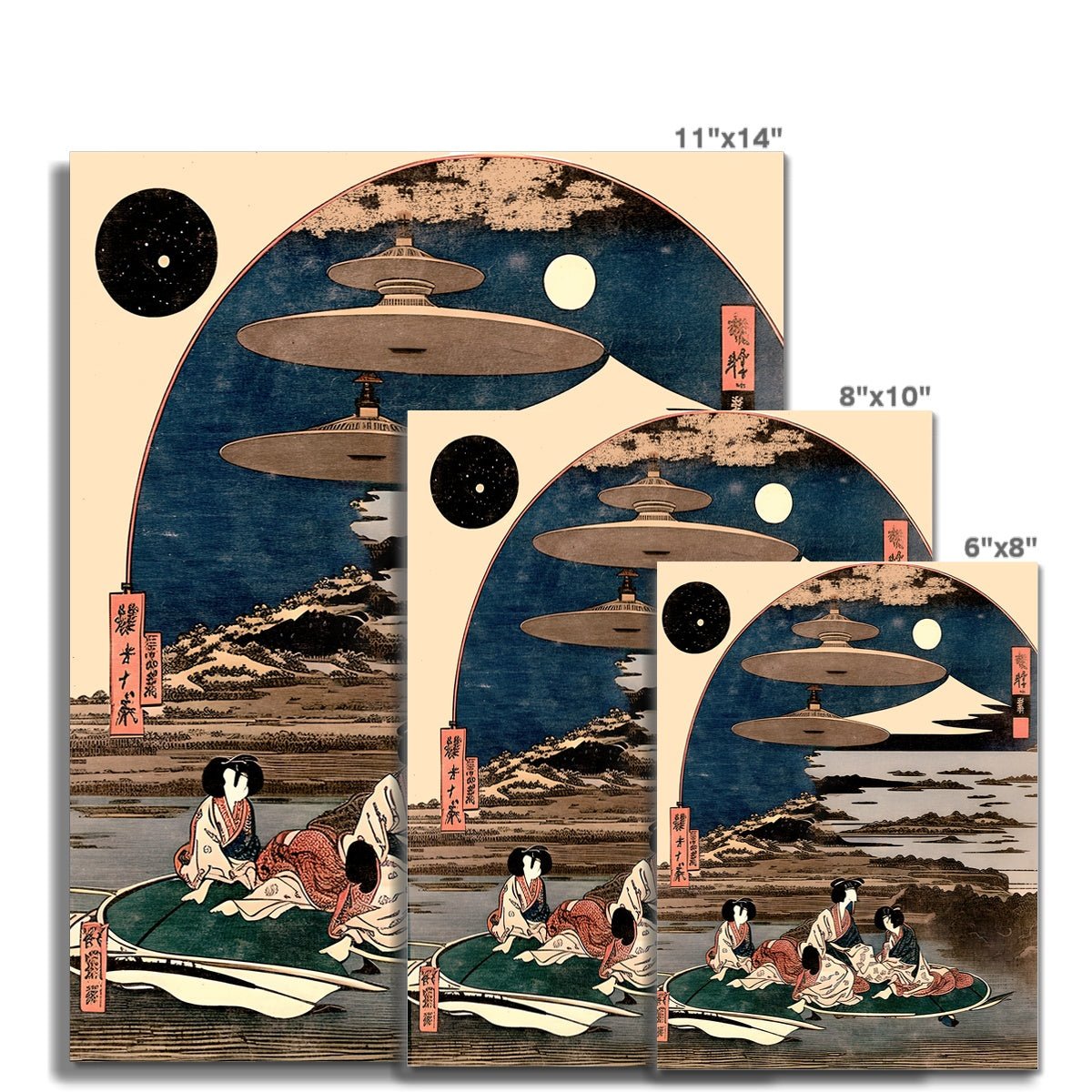 Fine art Extraterrestrials in Japanese Ukiyo-e Art | The Uchuu-jin, UFO Space Aliens Japanese Surrealism, Original Vintage Fantasy Fine Art Print