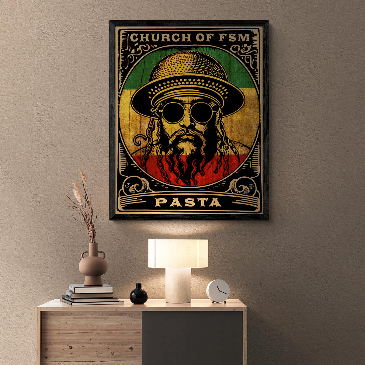 Flying Spaghetti Monster (FSM) and Pastafarian | Reggae, Rastafari, Vintage Atheist Poster Fine Art Print