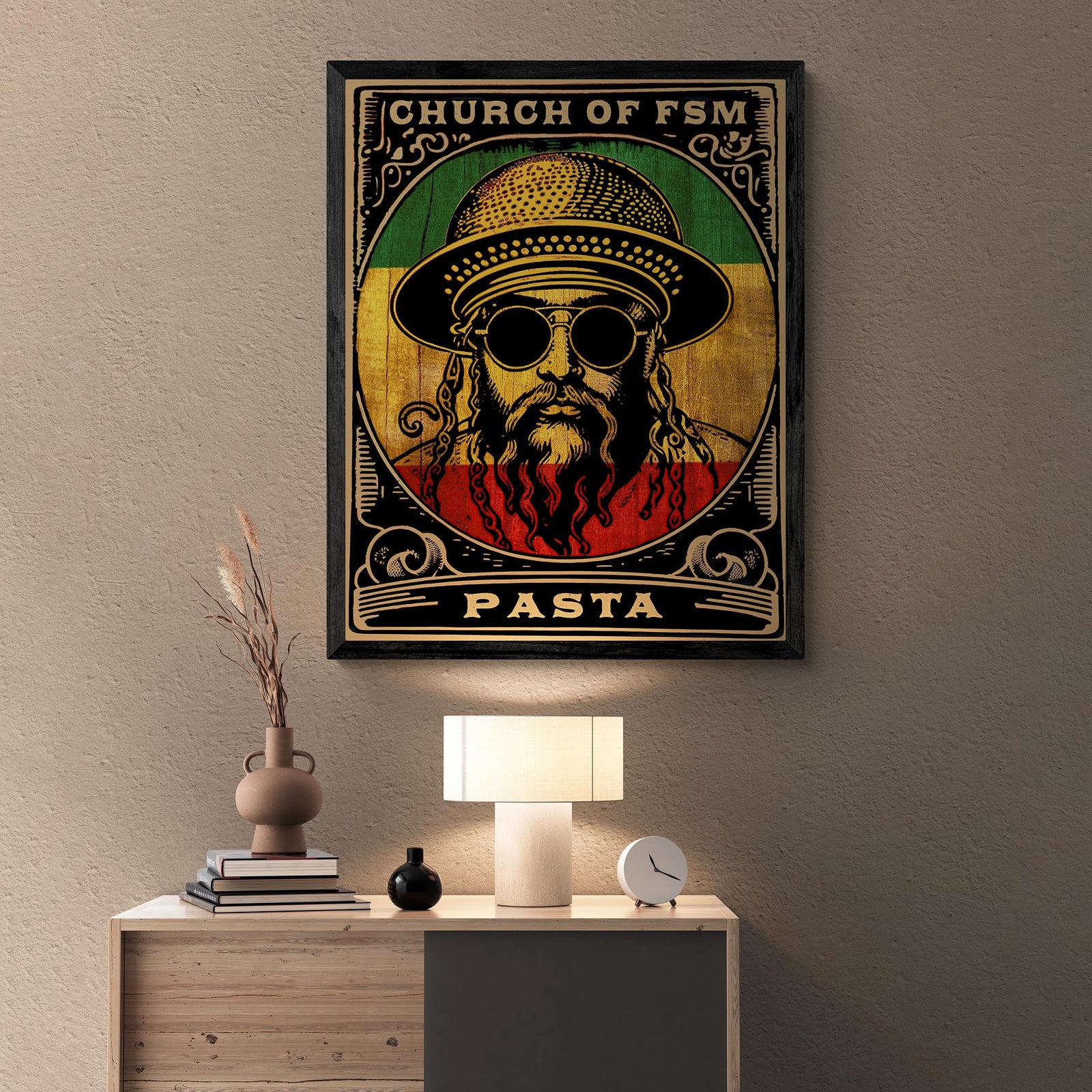 Flying Spaghetti Monster (FSM) and Pastafarian | Reggae, Rastafari, Vintage Atheist Poster Fine Art Print