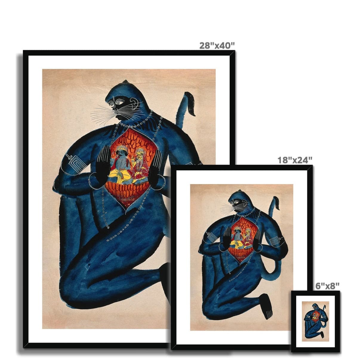 Framed Print 6"x8" / Black Frame Framed Ancient Hanuman Revealing Rama (Vishnu) and Sita in His Heart Vedic Hindu Folk Art Ganesha Shiva Ramayana Vedic Framed Art Print