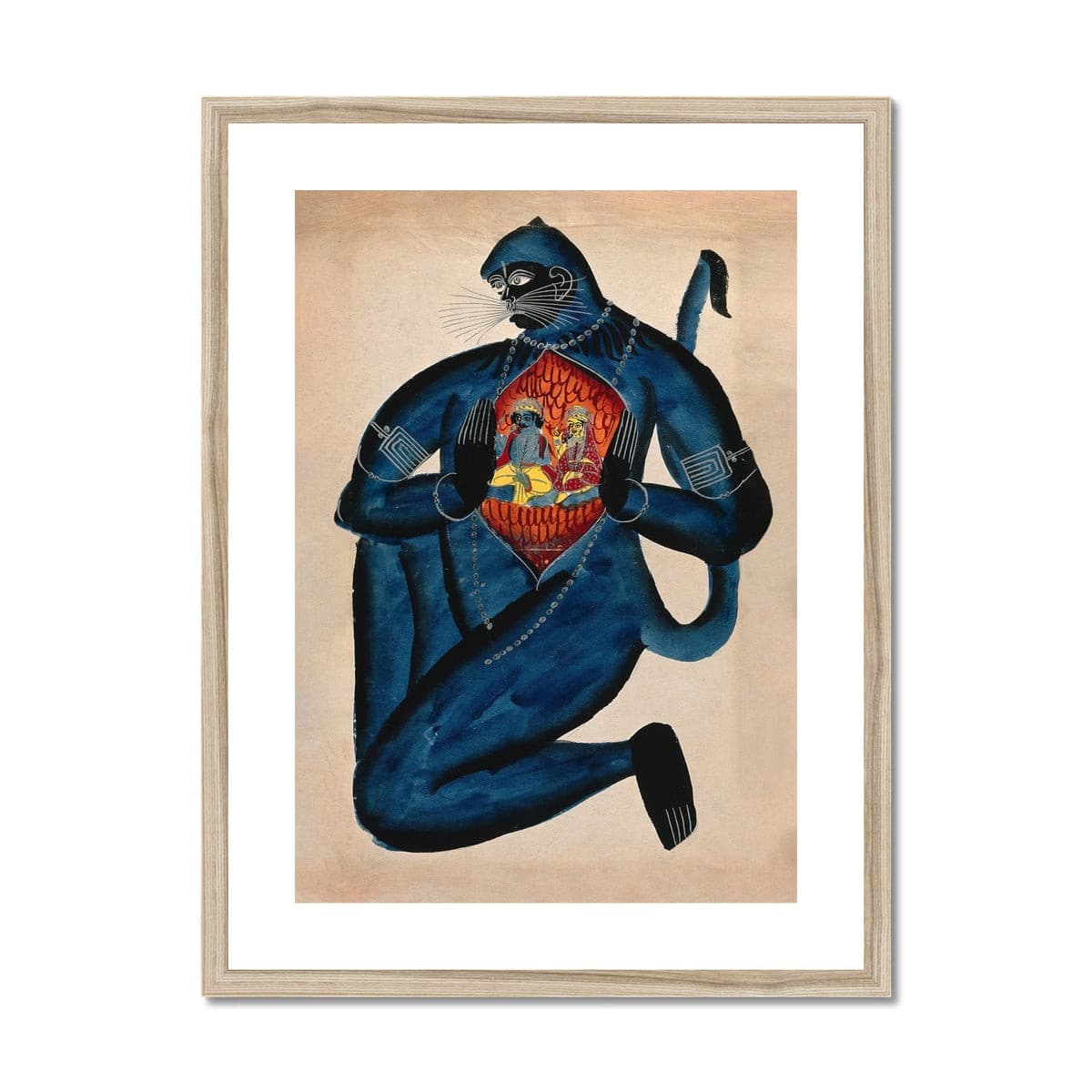 Framed Print 6"x8" / Natural Frame Framed Ancient Hanuman Revealing Rama (Vishnu) and Sita in His Heart Vedic Hindu Folk Art Ganesha Shiva Ramayana Vedic Framed Art Print