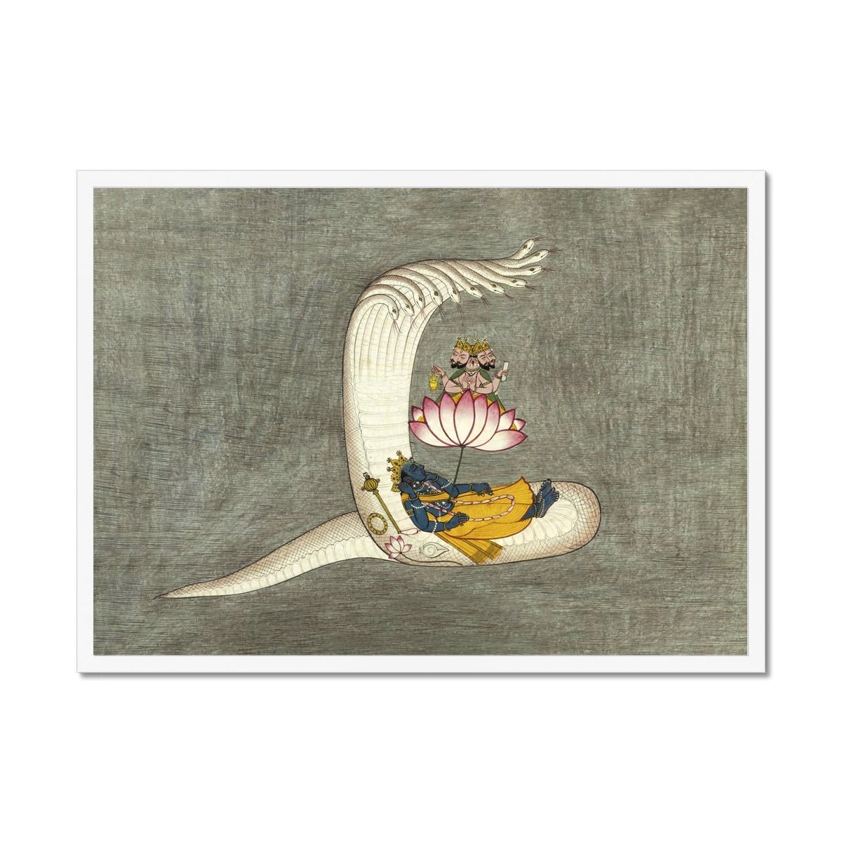 Framed Antique Vishnu, Brahma, Naga, Cosmic Creation Hindu Deity Yoga Yogic Vedic Ganesha Krishna Vishnu Cosmology Framed Art Print