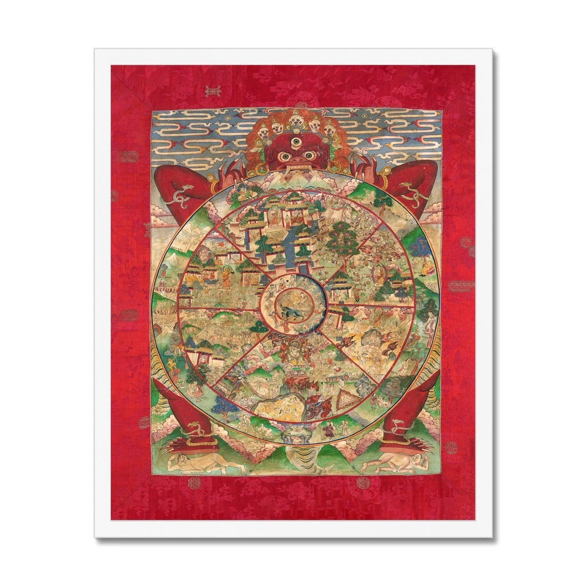 Framed Print 6"x8" / White Frame Framed Bhavacakra Mandala (The Wheel of Life) Tibetan Yantra Buddhist Dharma Vintage Sacred Deity Framed Art Print