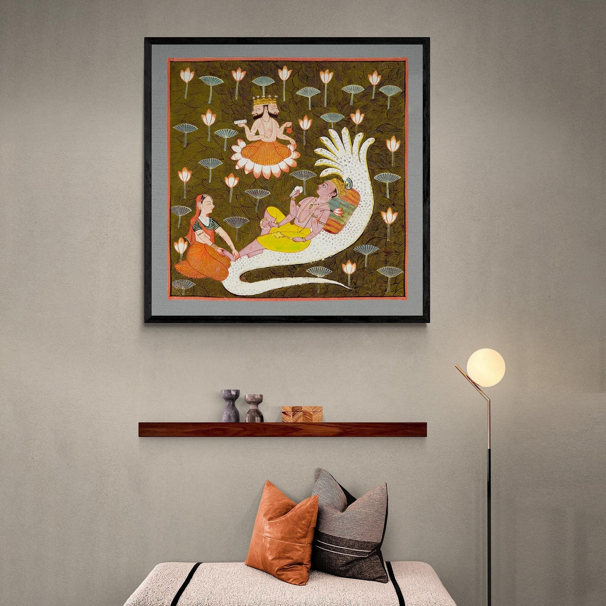 Framed Cosmic Universe Creation Mythology | Hindu Yoga Cosmology | Lotus Serpent Gift | Vintage Antique Vishnu on Ananta Framed Art Print