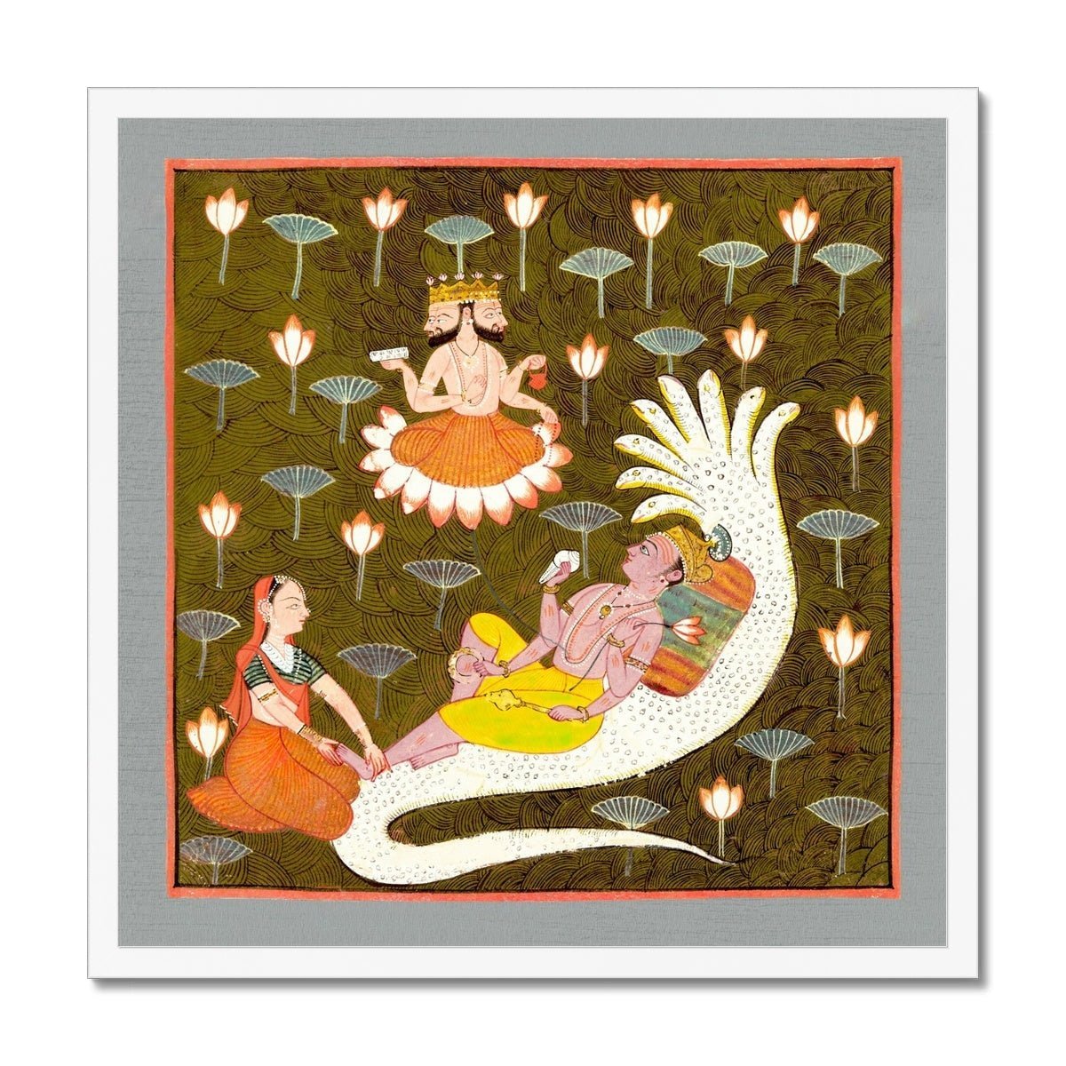 White Frame / 12"x12" Framed Cosmic Universe Creation Mythology | Hindu Yoga Cosmology | Lotus Serpent Gift | Vintage Antique Vishnu on Ananta Framed Art Print