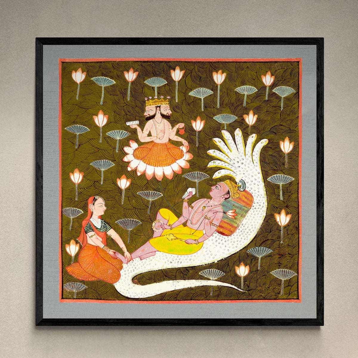 Framed Cosmic Universe Creation Mythology | Hindu Yoga Cosmology | Lotus Serpent Gift | Vintage Antique Vishnu on Ananta Framed Art Print