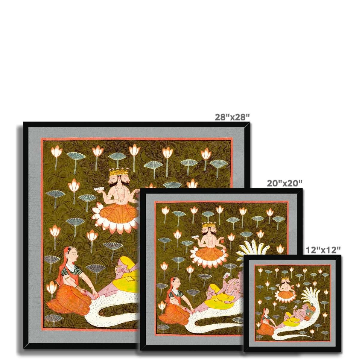 Framed Cosmic Universe Creation Mythology | Hindu Yoga Cosmology | Lotus Serpent | Vishnu on Ananta Framed Art Print