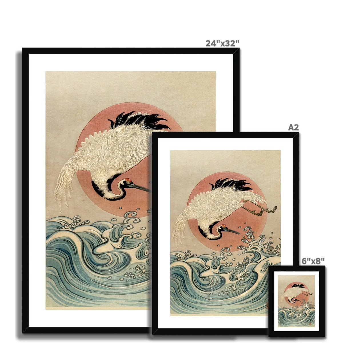Framed Crane, Waves and Rising Sun (Koryusai) | Japanese Ukiyo-e Woodblock Edo Vintage Bird Lover Framed Art Print