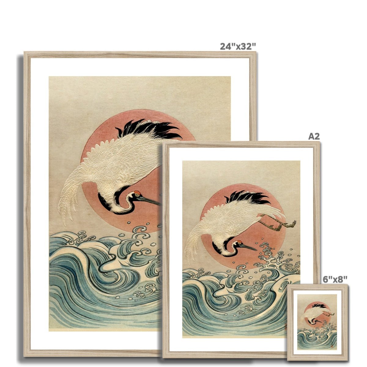 Fine art Framed Crane, Waves and Rising Sun (Koryusai) | Japanese Ukiyo-e Woodblock Edo Vintage Bird Lover Framed Art Print