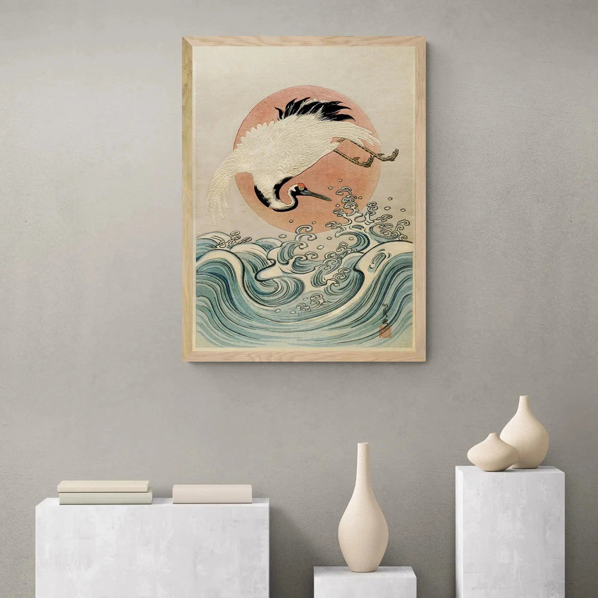 Framed Crane, Waves and Rising Sun (Koryusai) | Japanese Ukiyo-e Woodblock Edo Vintage Bird Lover Framed Art Print