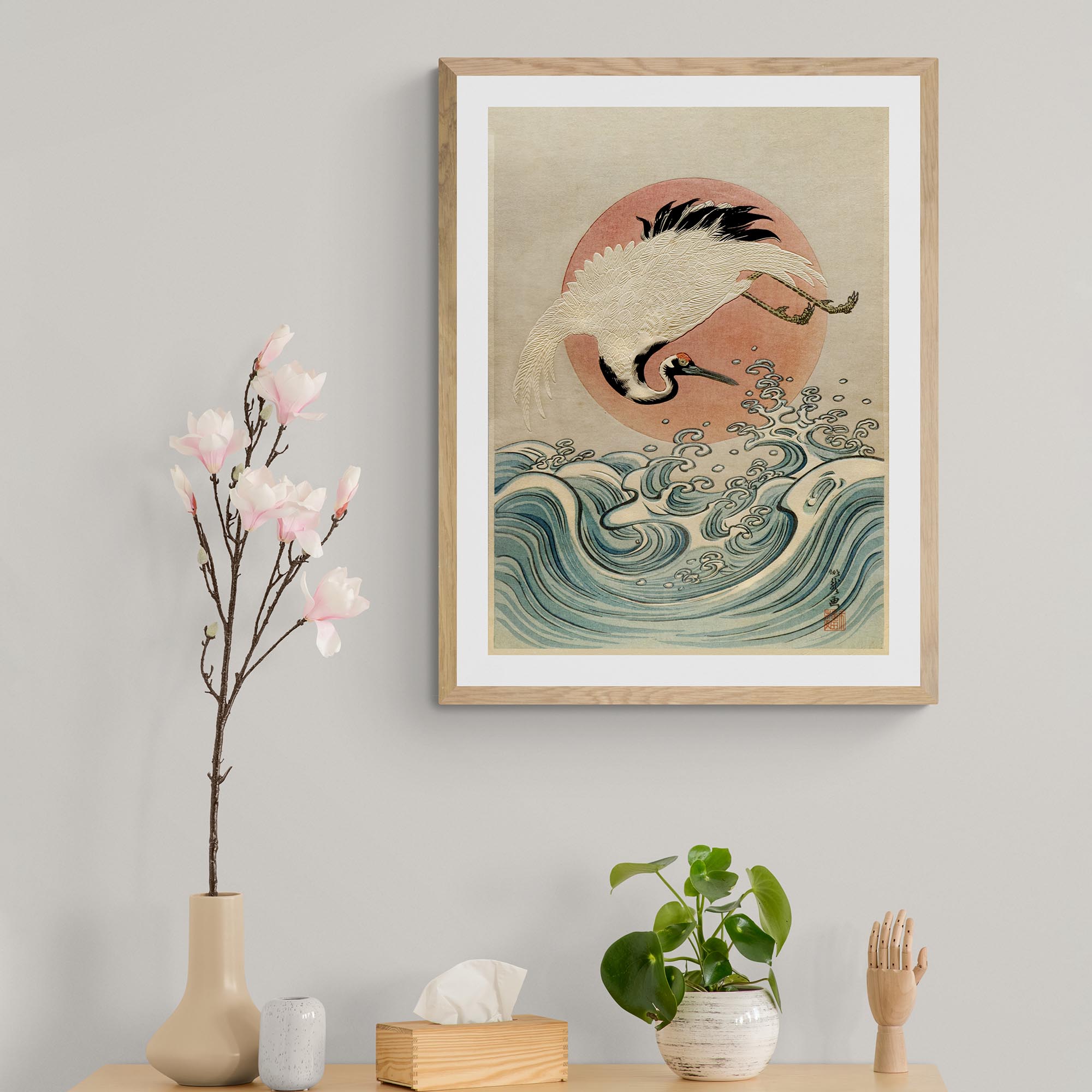 Fine art Framed Crane, Waves and Rising Sun (Koryusai) | Japanese Ukiyo-e Woodblock Edo Vintage Bird Lover Framed Art Print