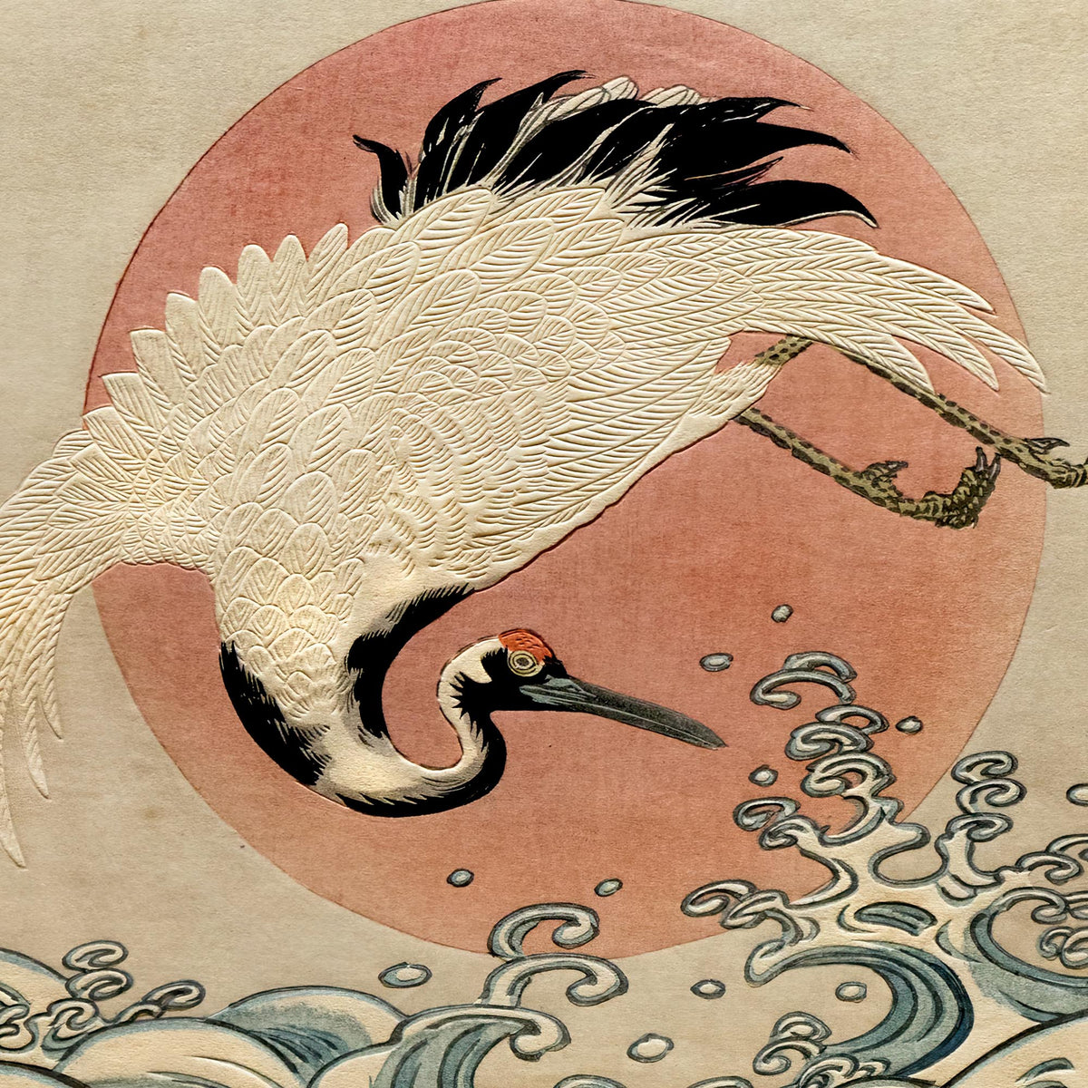 Framed Crane, Waves and Rising Sun (Koryusai) | Japanese Ukiyo-e Woodblock Edo Vintage Bird Lover Framed Art Print