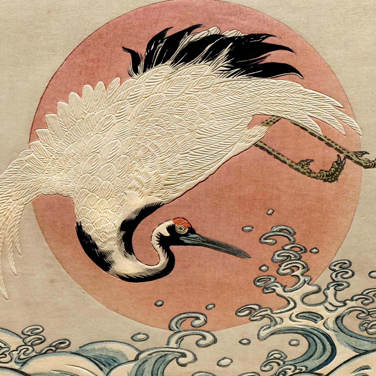 Framed Crane, Waves and Rising Sun (Koryusai) | Japanese Ukiyo-e Woodblock Edo Vintage Bird Lover Framed Art Print