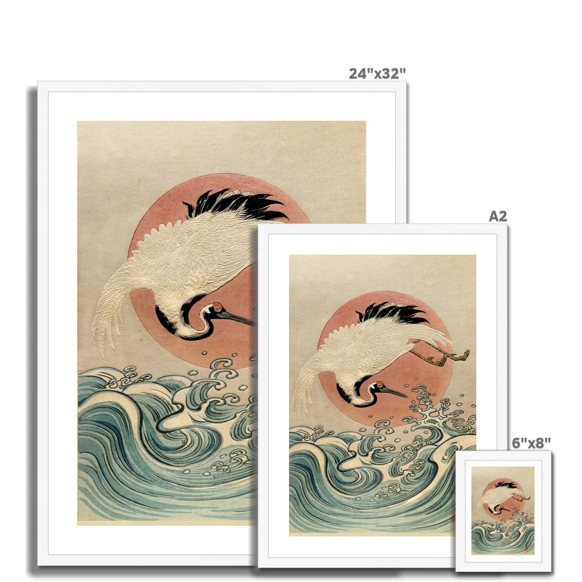 Fine art Framed Crane, Waves and Rising Sun (Koryusai) | Japanese Ukiyo-e Woodblock Edo Vintage Bird Lover Framed Art Print