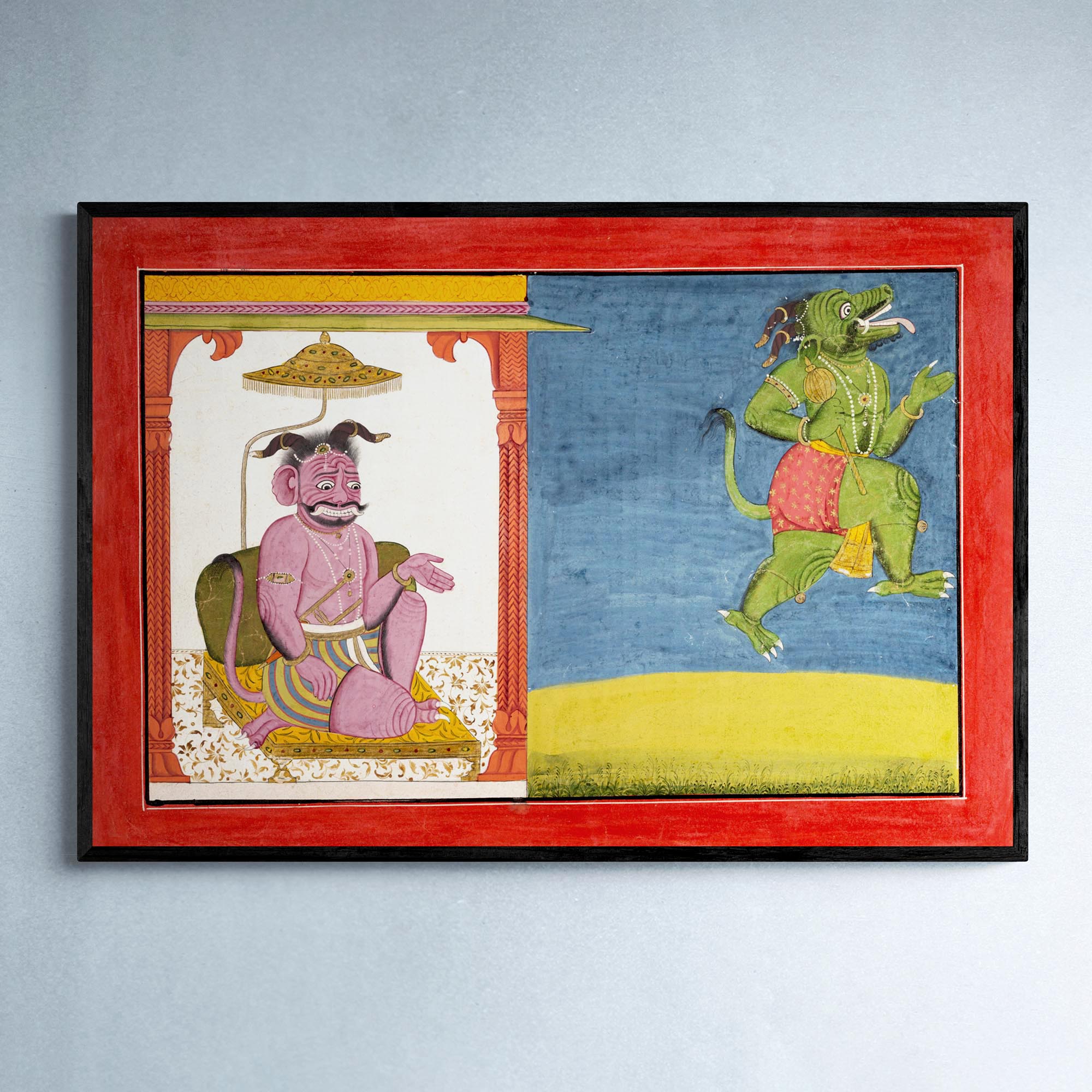 Fine art 12"x8" / Black Frame Framed Demon Hiranyaksha Departs the Demon Palace | Krishna Vishnu Indian Hindu Mythology Legend Framed Art  Print