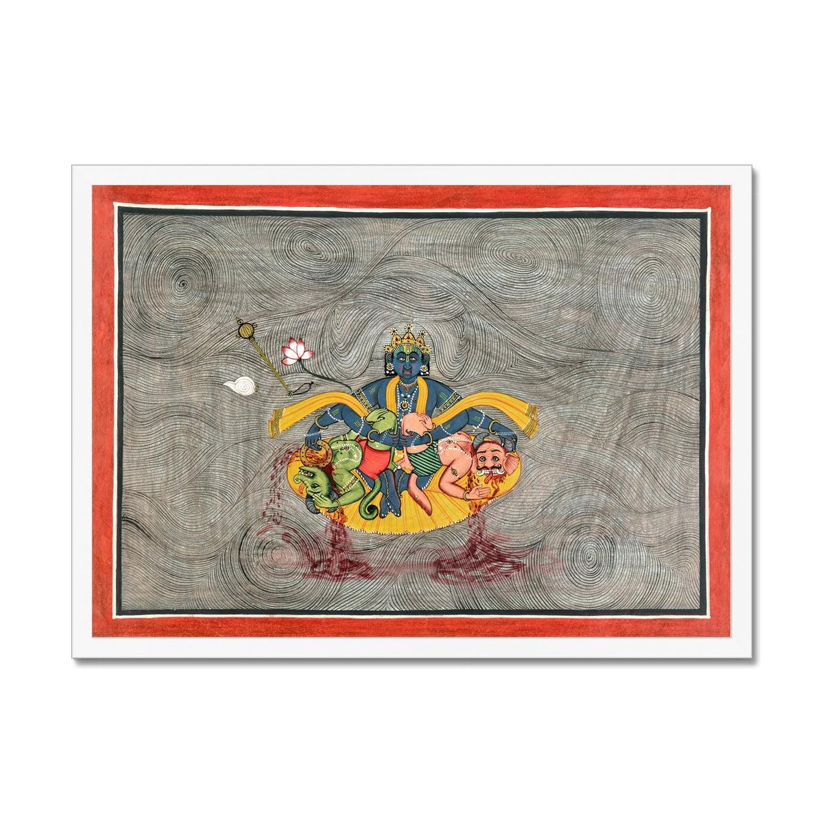 Fine art A4 Landscape / White Frame Framed Durga, Parvati, Chandi Divine Mother | The Devi Mahatmya Battles Demons Framed Art Print