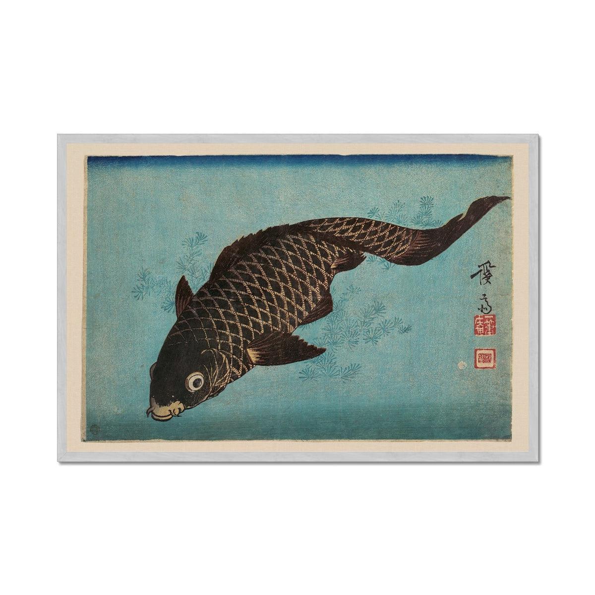 Fine art 12"x8" / Silver Frame Framed Koi Carp, Keisai Eisen, Zen Traditional 19th-Century Japanese Edo Period Woodblock Antique Framed Art Print