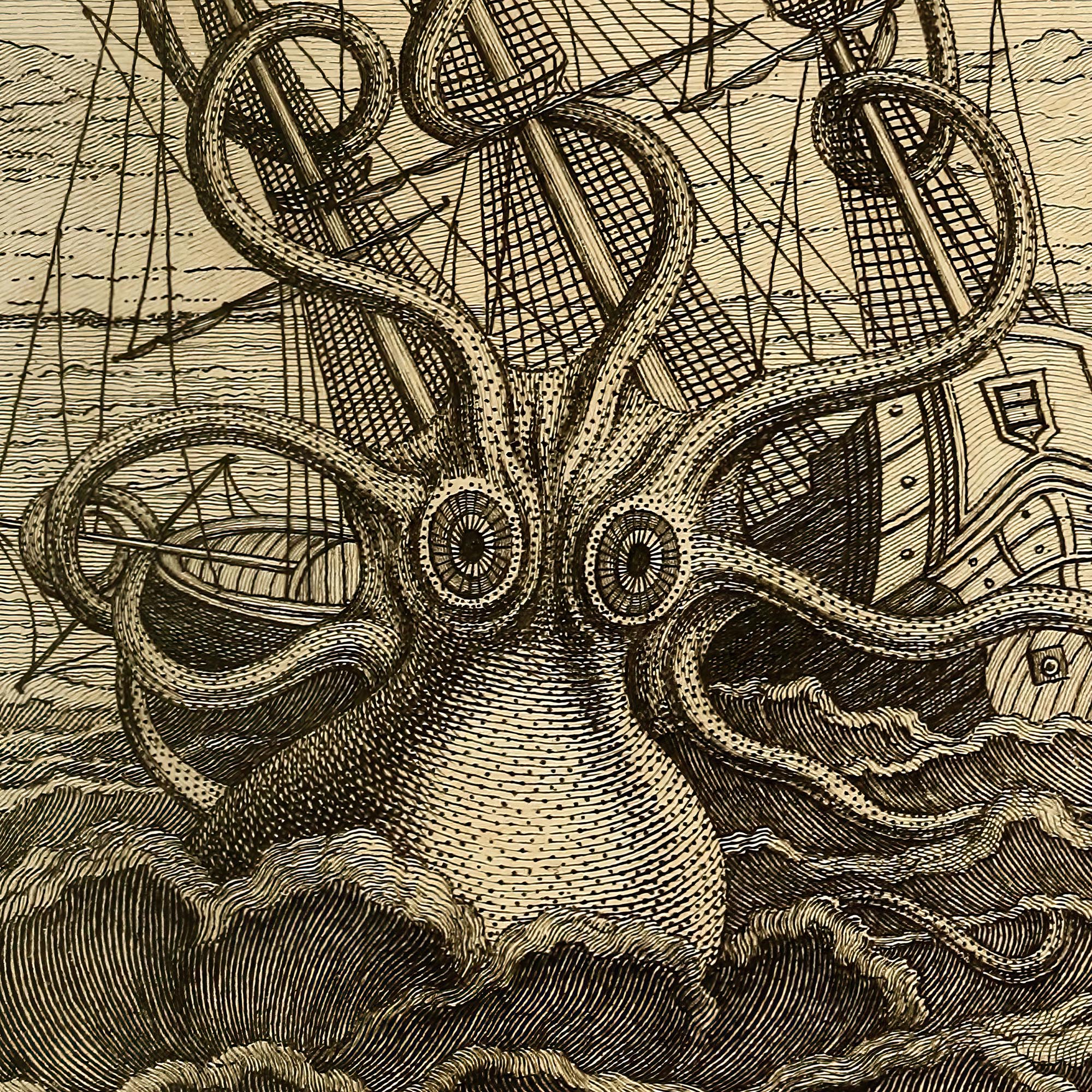 Fine art Framed Kraken Sea Monster Attacking Ship | Norse Viking Mythology Giant Squid, Octopus Antique Framed Fine Art Print