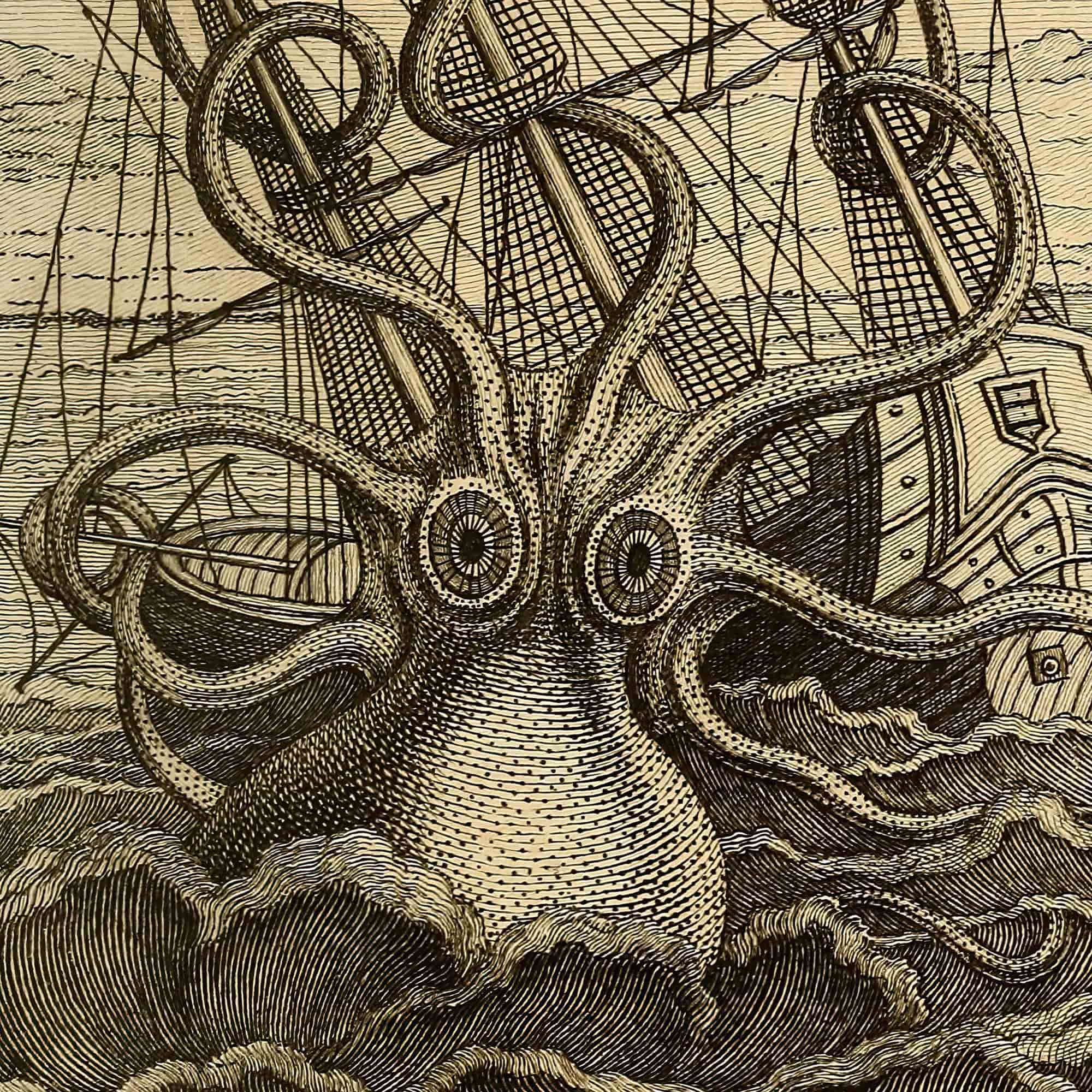 Framed Kraken Sea Monster Attacking Ship | Norse Viking Mythology Giant Squid, Octopus Antique Framed Fine Art Print