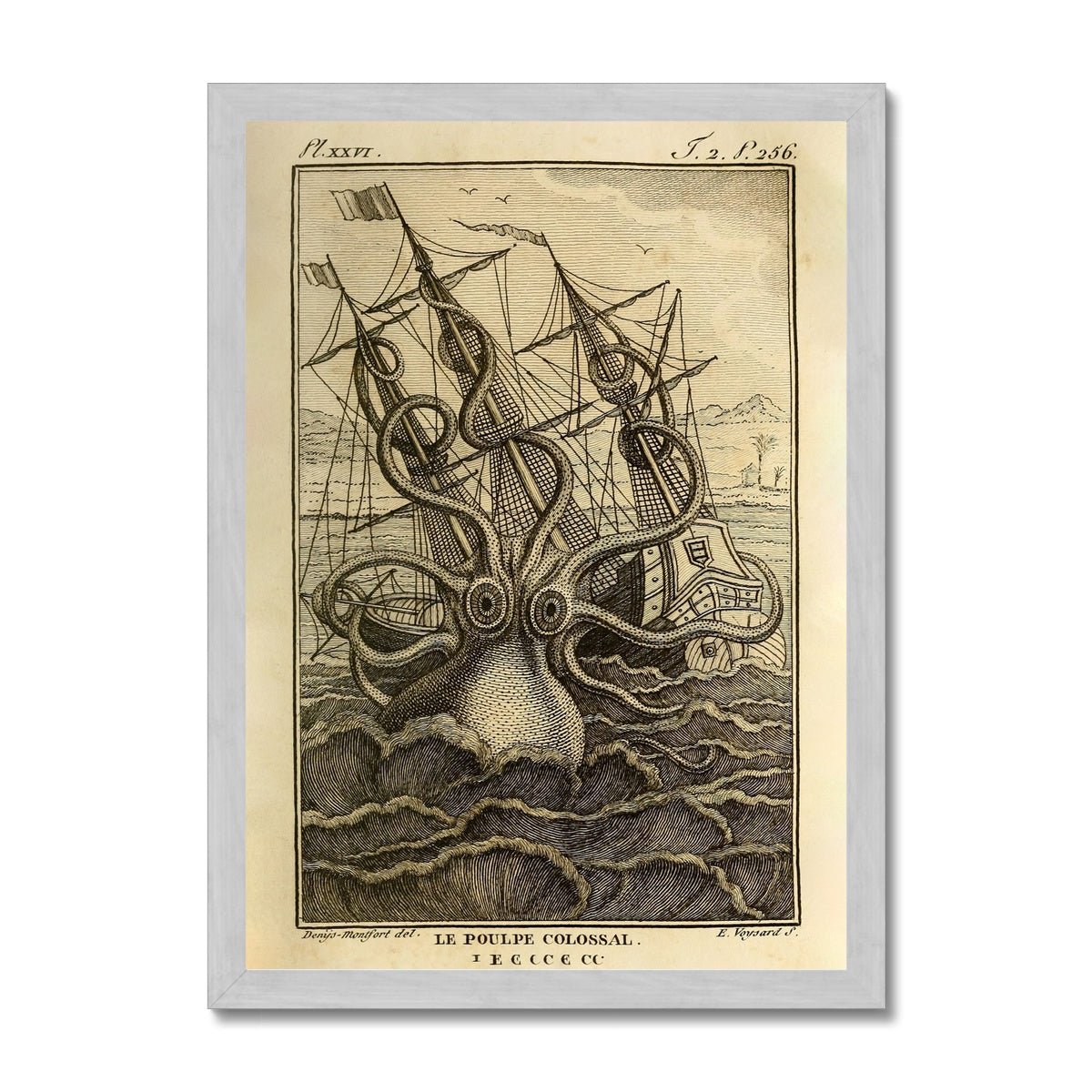 Framed Kraken Sea Monster Attacking Ship | Norse Viking Mythology Giant Squid, Octopus Antique Framed Fine Art Print