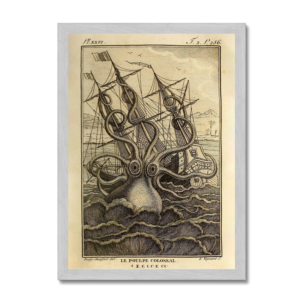 Fine art Framed Kraken Sea Monster Attacking Ship | Norse Viking Mythology Giant Squid, Octopus Antique Framed Fine Art Print