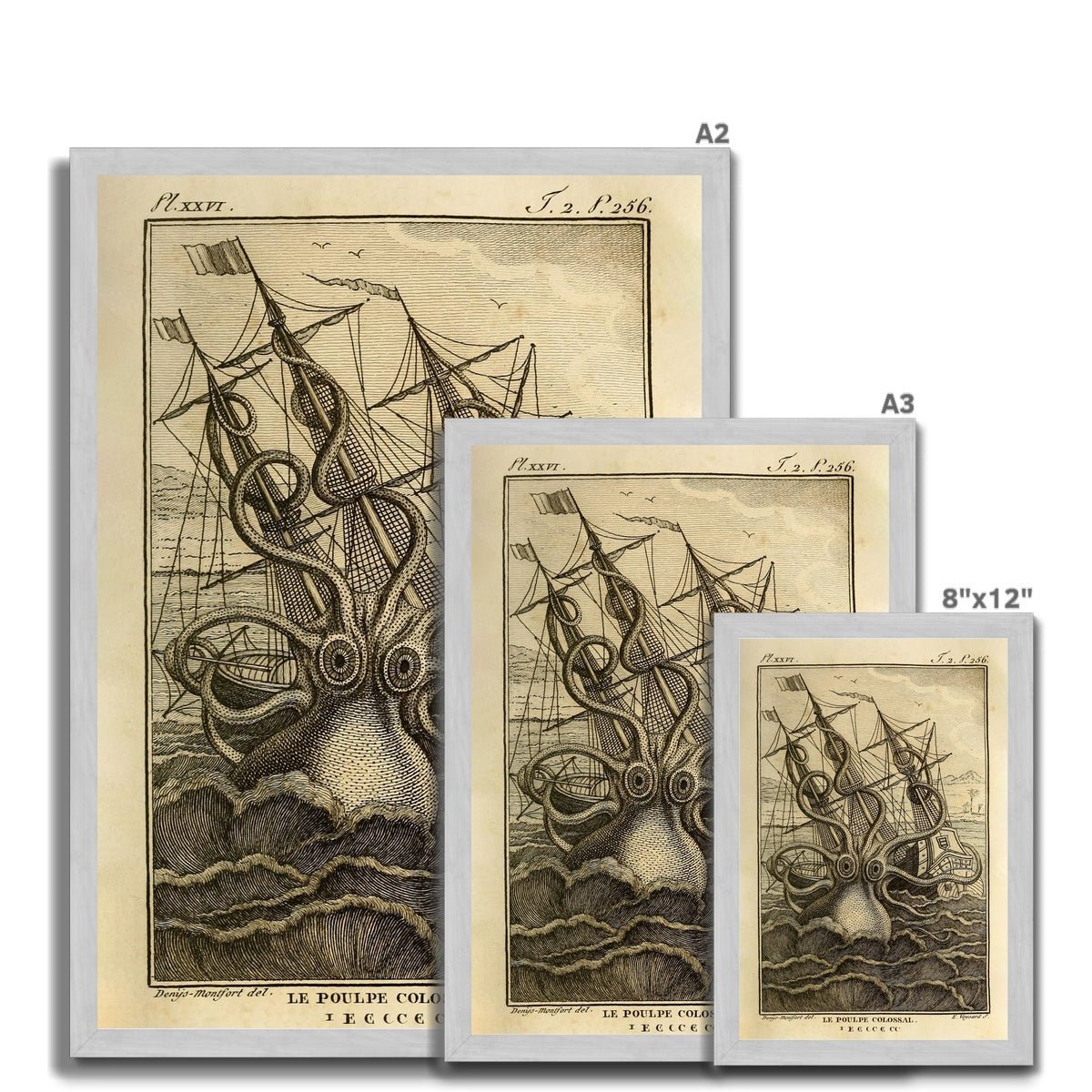 Fine art 8"x12" / Silver Frame Framed Kraken Sea Monster Attacking Ship | Norse Viking Mythology Giant Squid, Octopus Antique Framed Fine Art Print