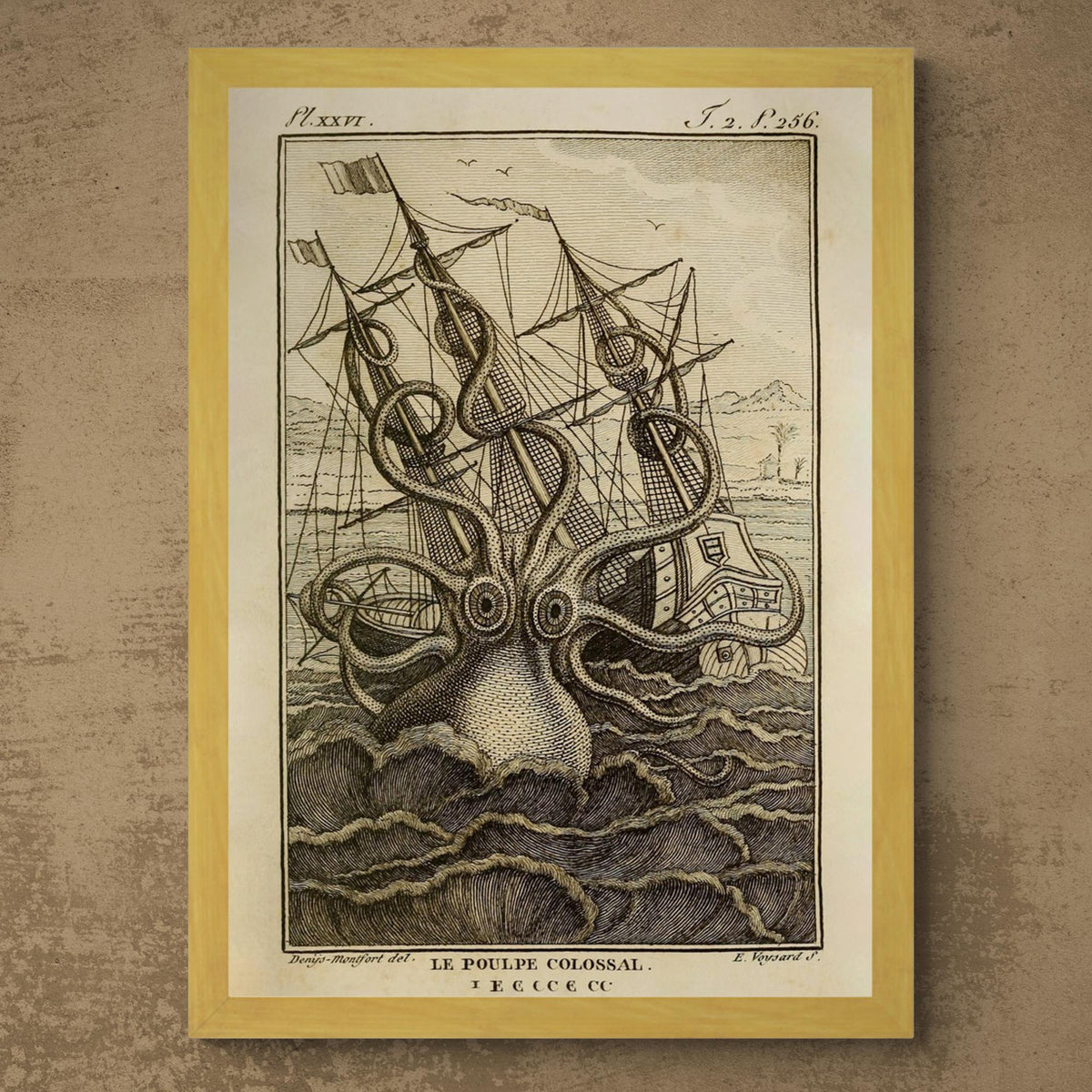 Fine art 8&quot;x12&quot; / Gold Frame Framed Kraken Sea Monster Attacking Ship | Norse Viking Mythology Giant Squid, Octopus Antique Framed Fine Art Print