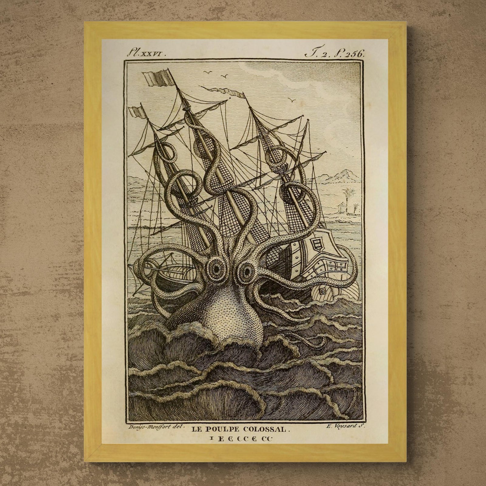 Framed Kraken Sea Monster Attacking Ship | Norse Viking Mythology Giant Squid, Octopus Antique Framed Fine Art Print