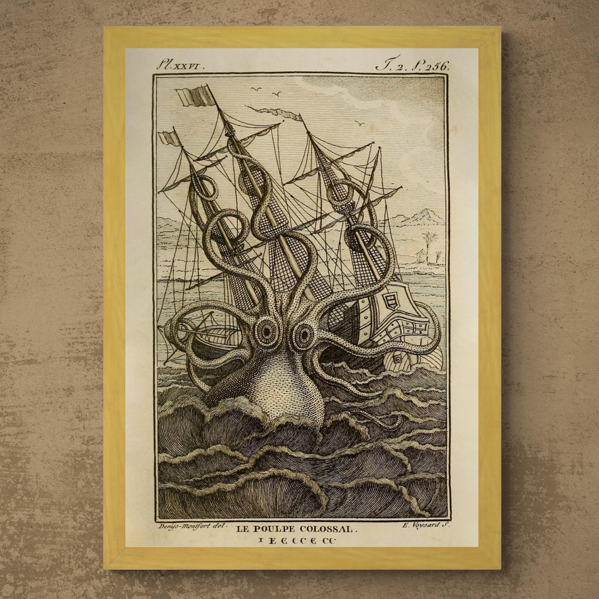 Framed Kraken Sea Monster Attacking Ship | Norse Viking Mythology Giant Squid, Octopus Antique Framed Fine Art Print