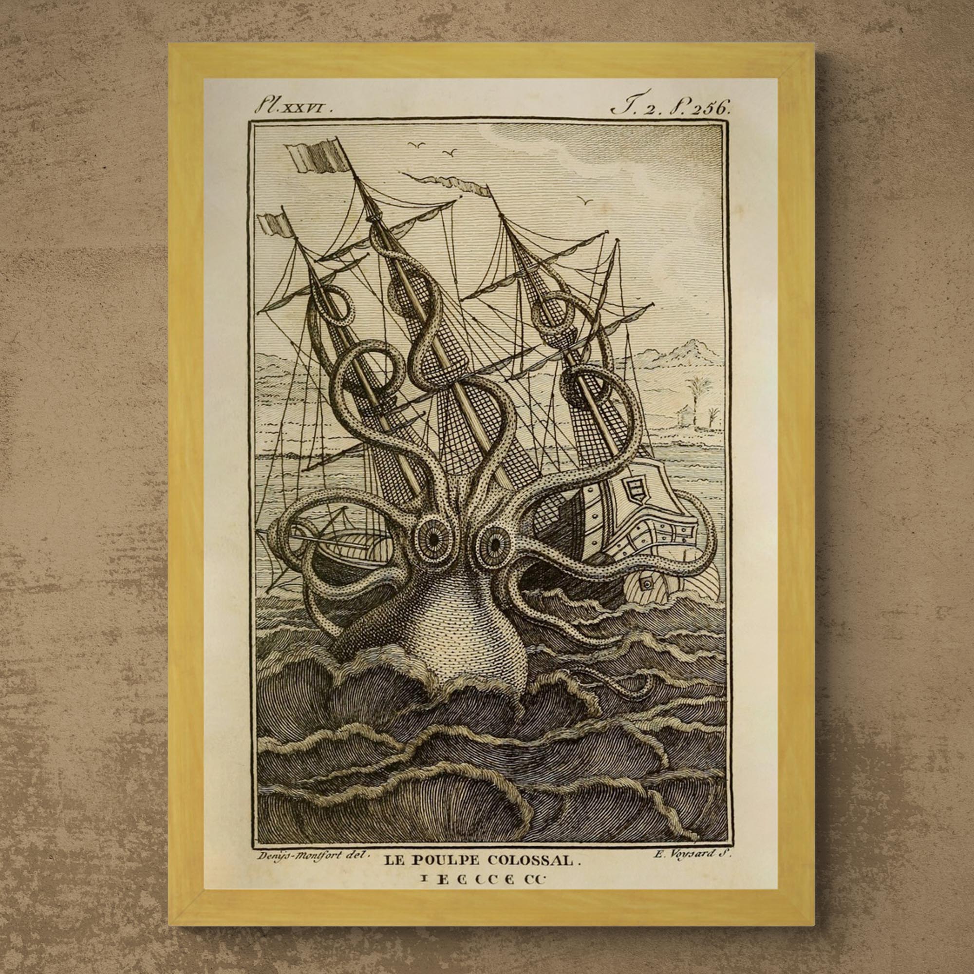 Fine art 8"x12" / Gold Frame Framed Kraken Sea Monster Attacking Ship | Norse Viking Mythology Giant Squid, Octopus Antique Framed Fine Art Print