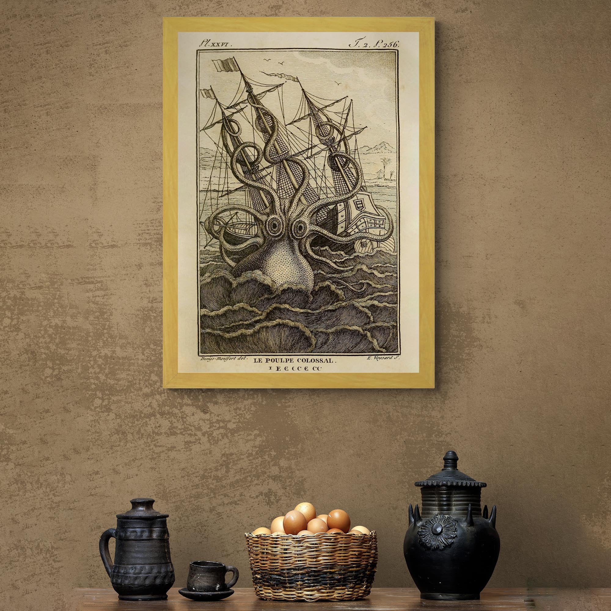 Framed Kraken Sea Monster Attacking Ship | Norse Viking Mythology Giant Squid, Octopus Antique Gold and Silver Framed Fine Art Print
