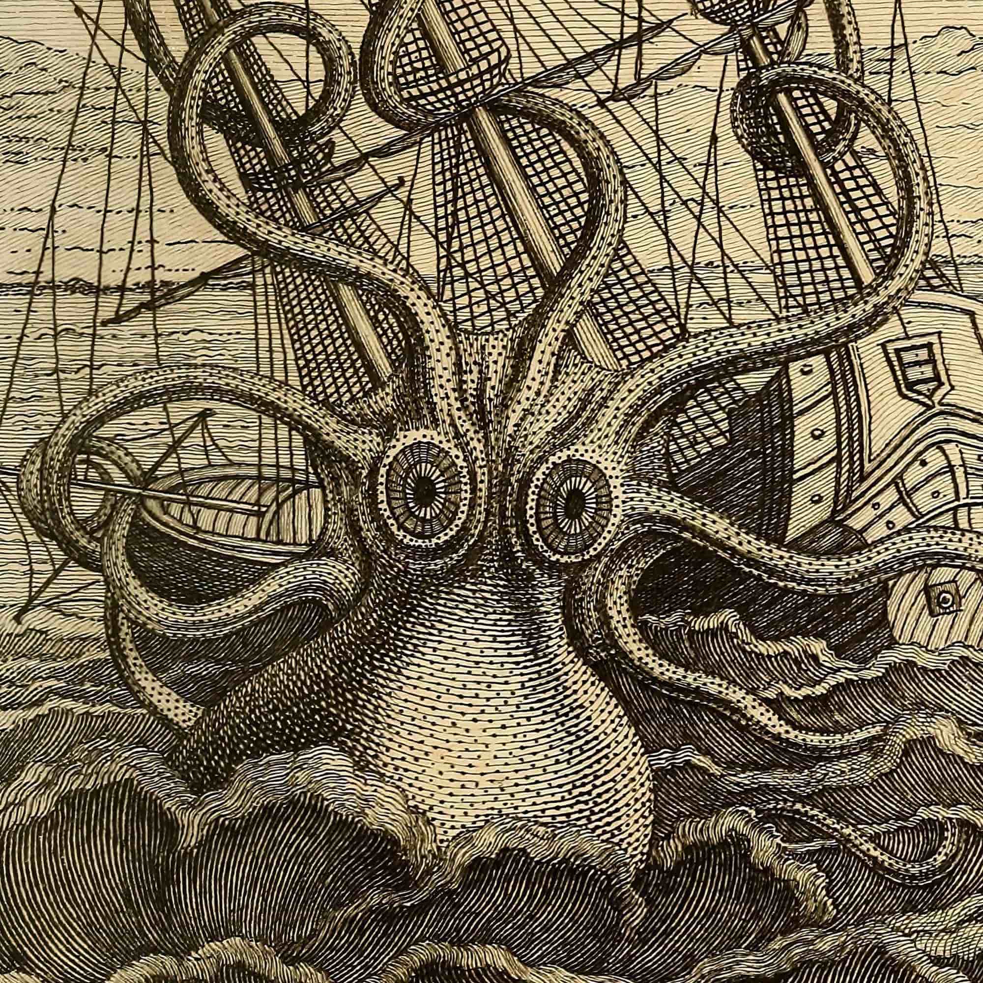 Framed Kraken Sea Monster Attacking Ship | Norse Viking Mythology Giant Squid, Octopus Antique Gold and Silver Framed Fine Art Print