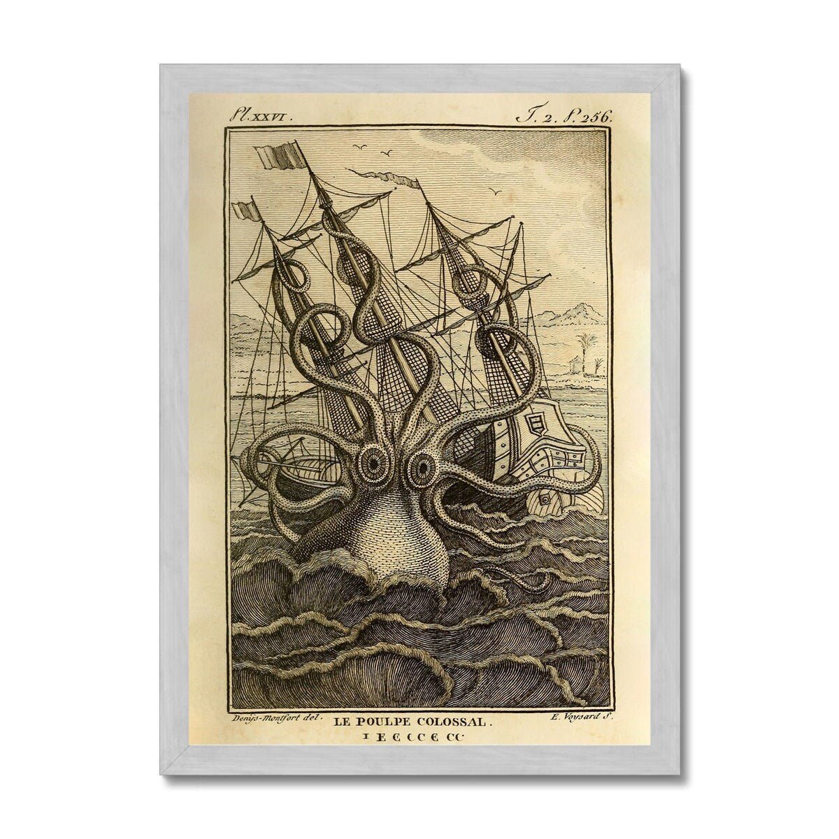 Framed Kraken Sea Monster Attacking Ship | Norse Viking Mythology Giant Squid, Octopus Antique Gold and Silver Framed Fine Art Print