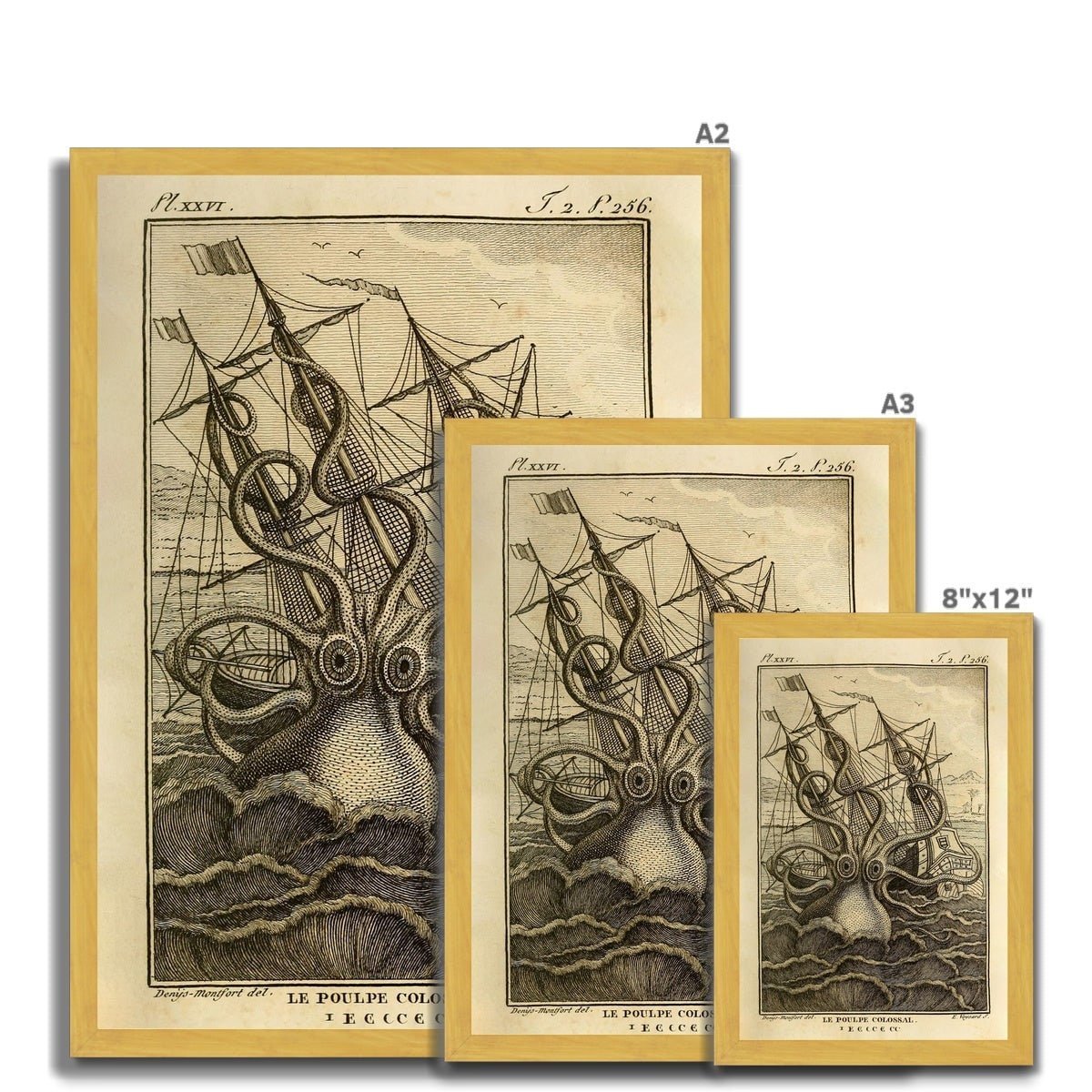 Framed Kraken Sea Monster Attacking Ship | Norse Viking Mythology Giant Squid, Octopus Antique Gold and Silver Framed Fine Art Print