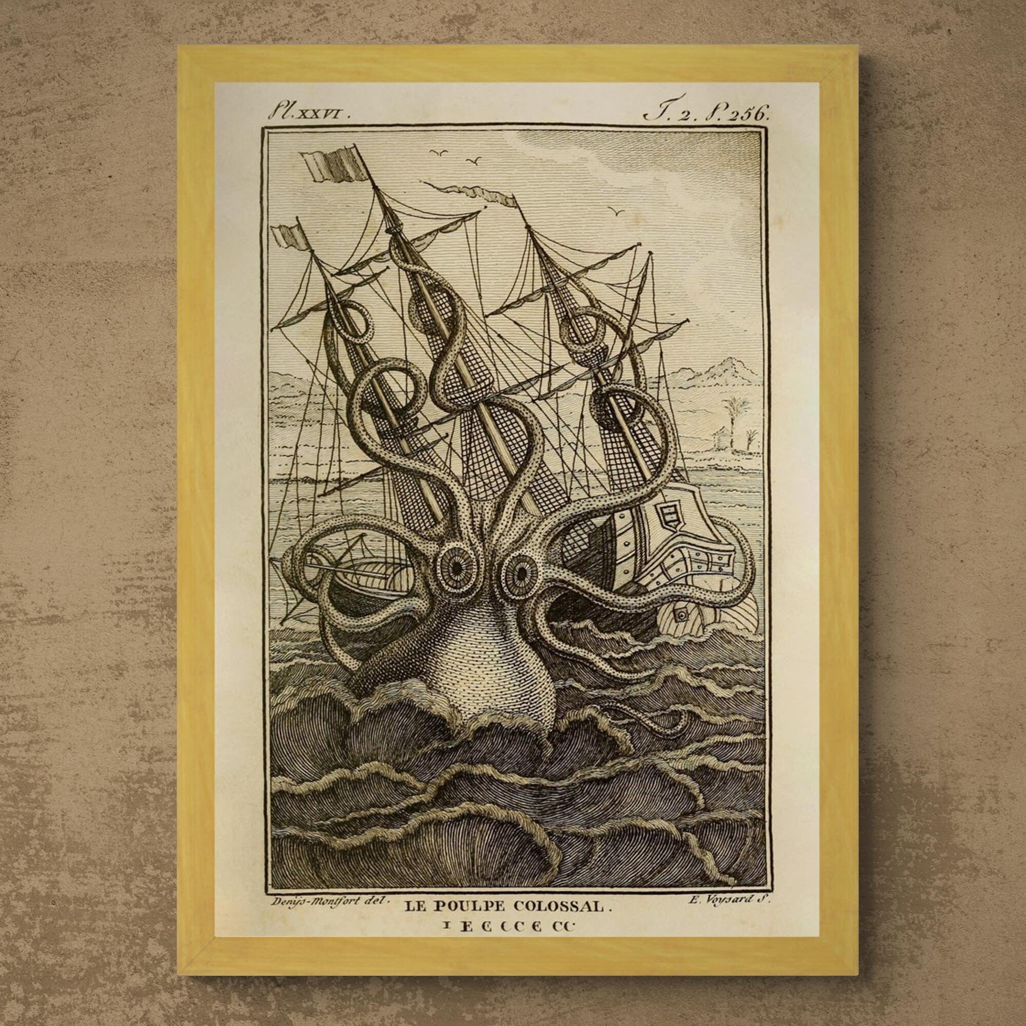 Framed Kraken Sea Monster Attacking Ship | Norse Viking Mythology Giant Squid, Octopus Antique Gold and Silver Framed Fine Art Print