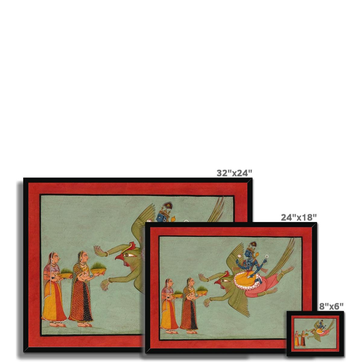 Framed Krishna Riding Garuda | Hindu Indian Mythology | Upanishads, Vedas (Hanuman, Shiva, Lord Vishnu, Kali) Vintage Devotional Framed Art Print