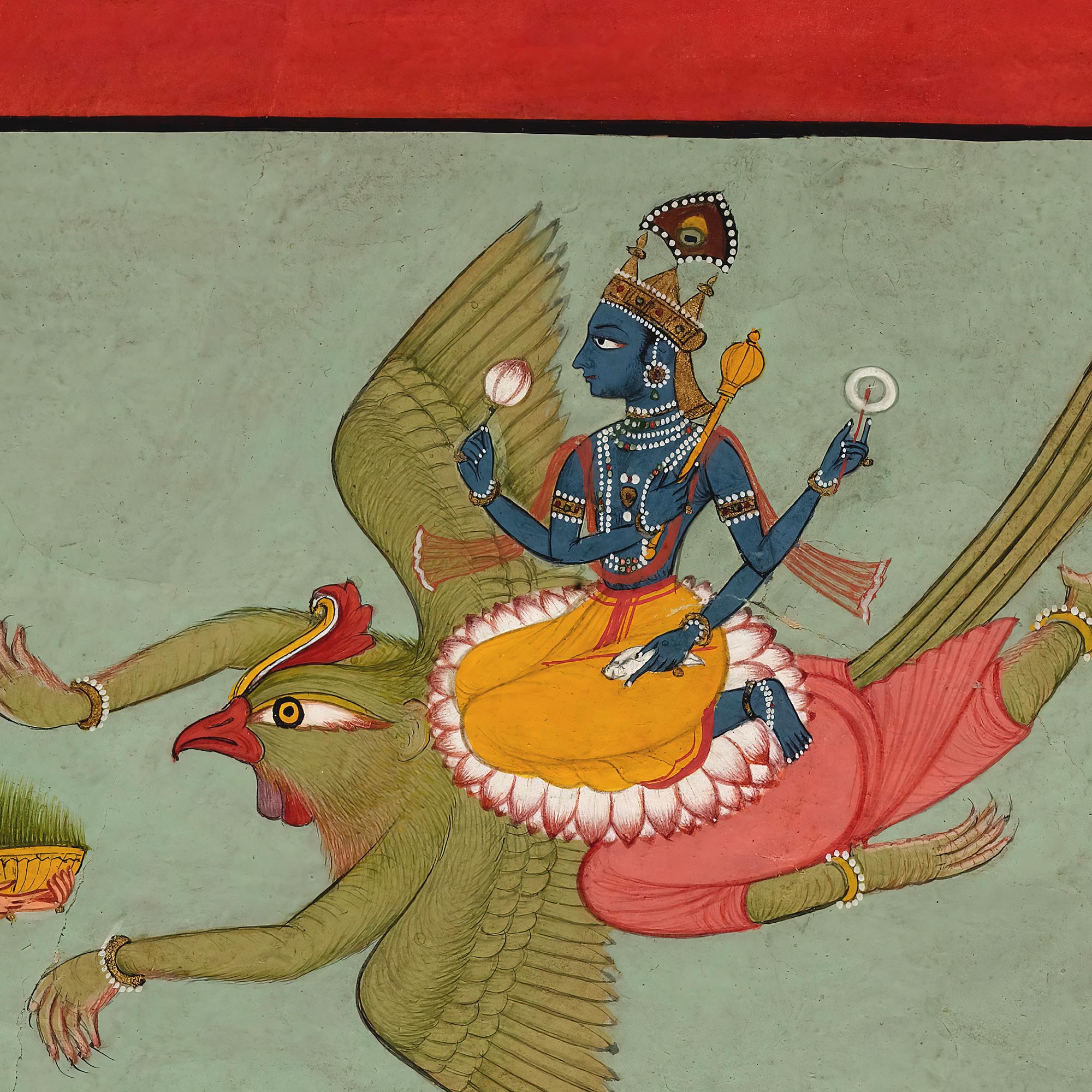 Framed Krishna Riding Garuda | Hindu Indian Mythology | Upanishads, Vedas (Hanuman, Shiva, Lord Vishnu, Kali) Vintage Devotional Framed Art Print