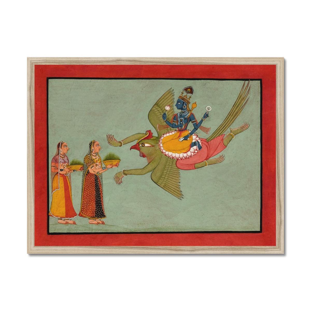 Framed Krishna Riding Garuda | Hindu Indian Mythology | Upanishads, Vedas (Hanuman, Shiva, Lord Vishnu, Kali) Vintage Devotional Framed Art Print