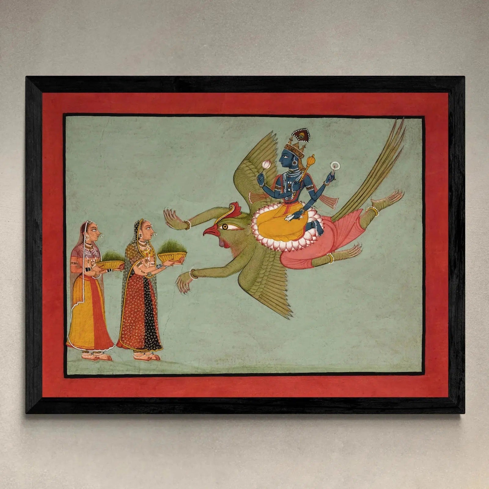 Framed Krishna Riding Garuda | Hindu Indian Mythology | Upanishads, Vedas (Hanuman, Shiva, Lord Vishnu, Kali) Vintage Devotional Framed Art Print