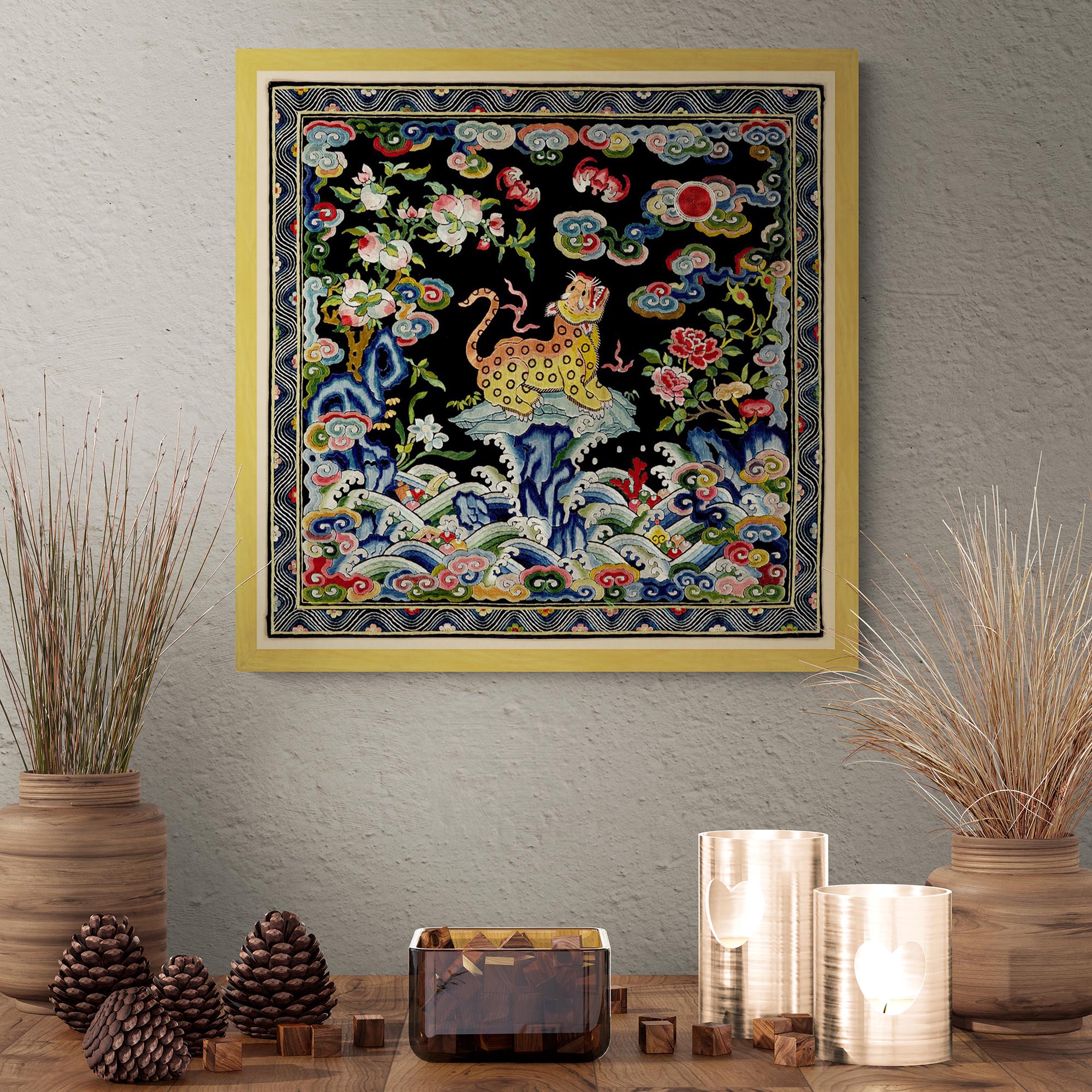 Fine art Framed Leopard Qing Dynastic Silk Mandarin Square | Asian Lion, Tiger, Jaguar Vintage Framed Fine Art Print