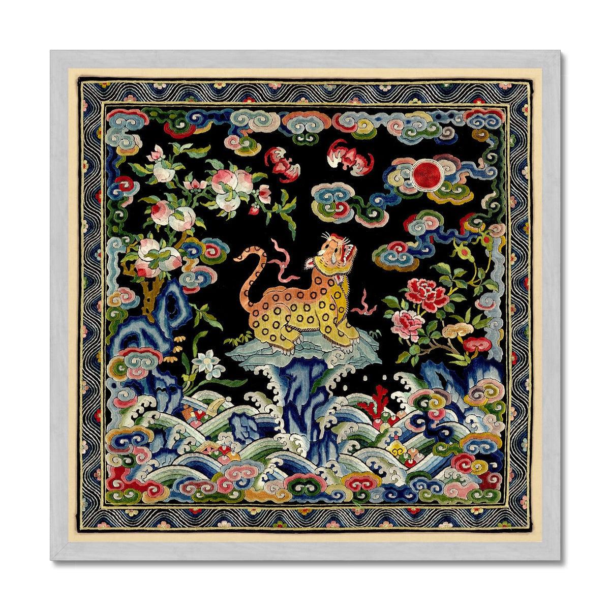 Fine art 20"x20" / Silver Frame Framed Leopard Qing Dynastic Silk Mandarin Square | Asian Lion, Tiger, Jaguar Vintage Framed Fine Art Print